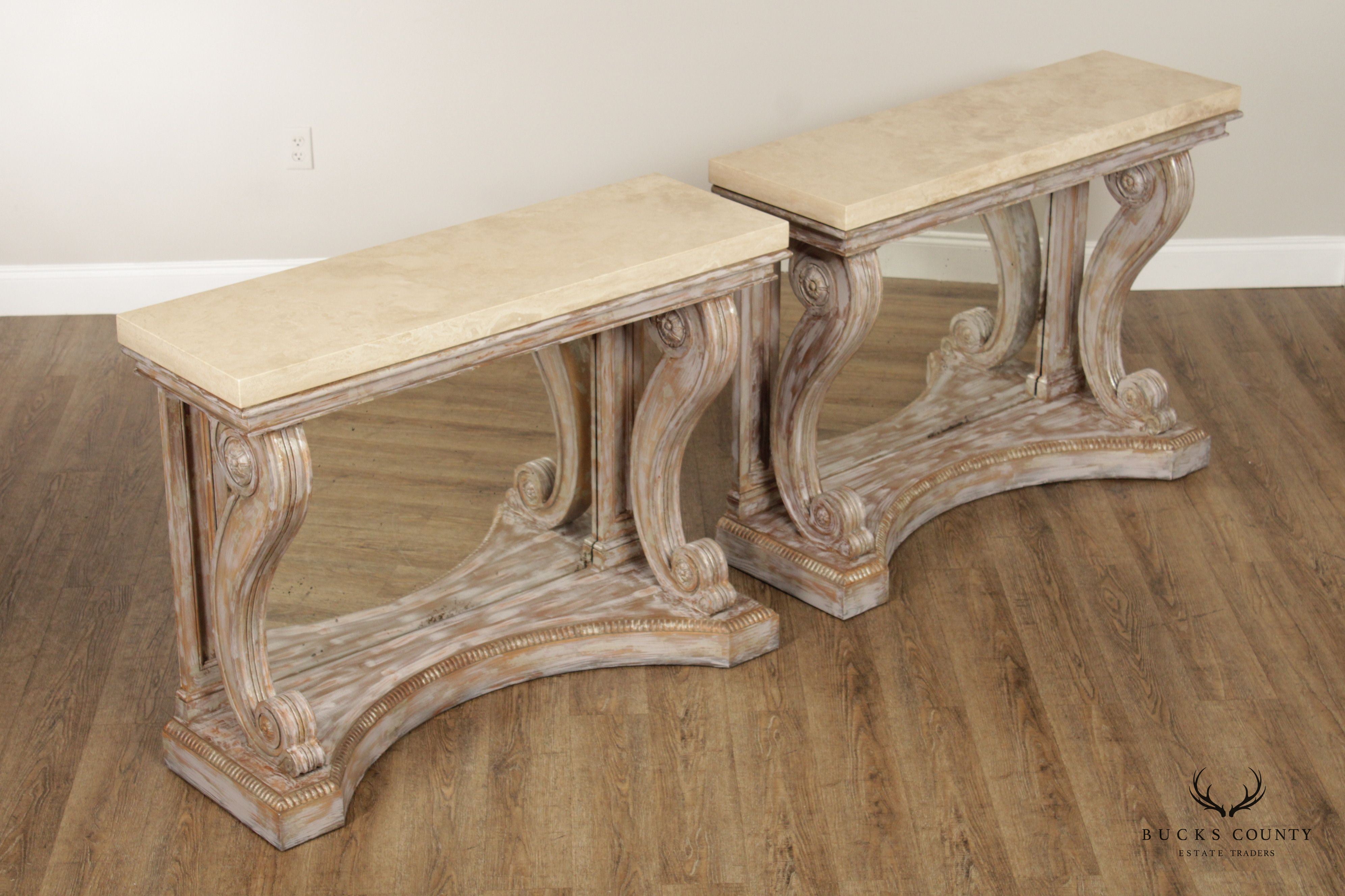 Niermann Weeks Neoclassical Empire Style Pair of Scroll Carved Travertine Top 'Blenheim' Consoles