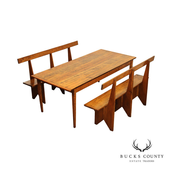 Custom Quality Tiger Maple Farmhouse Dining Table Set With Benches