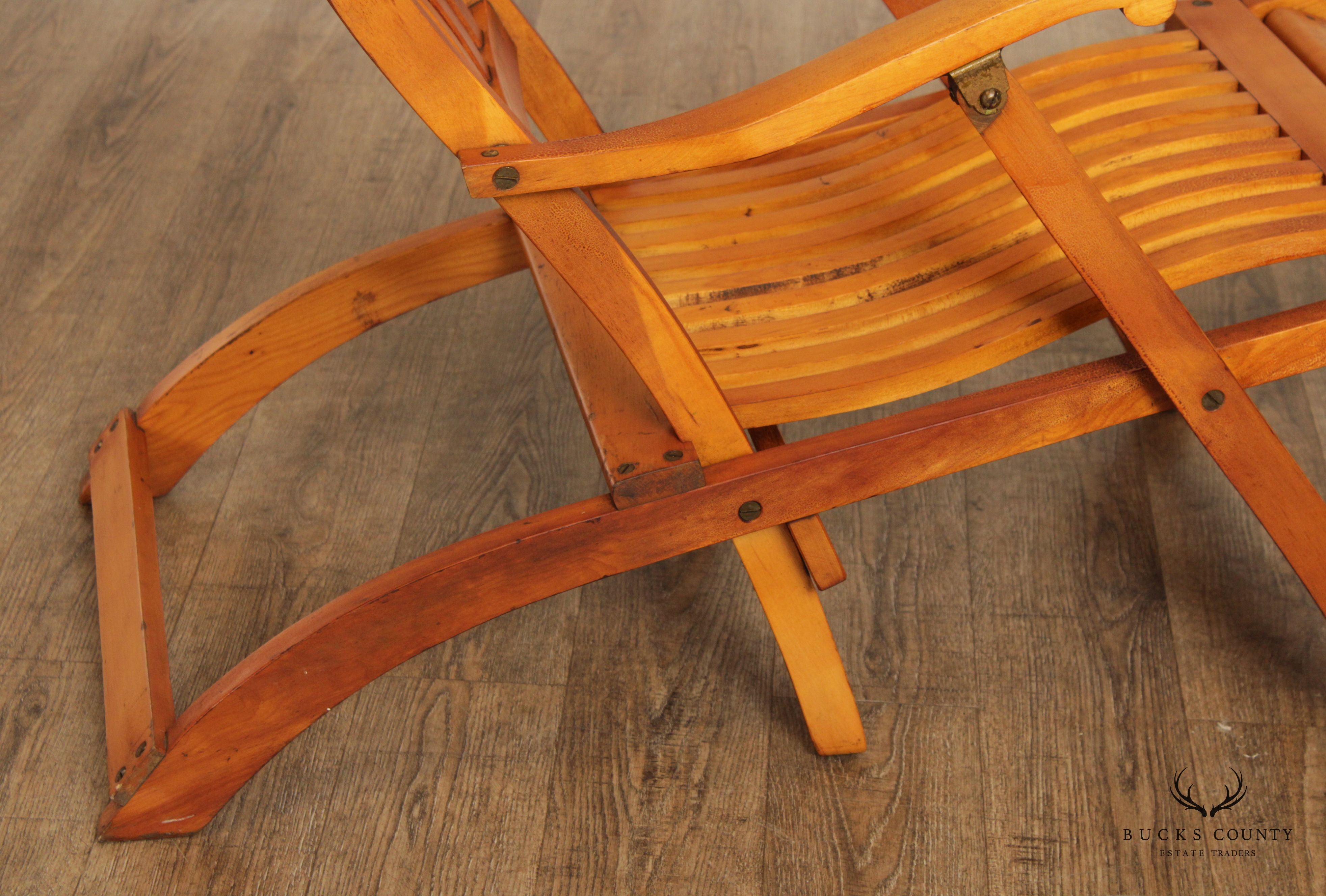 Antique Campaign Style Pair of Maple and Brass Folding Cruise Ship Steamer Lounge Chairs