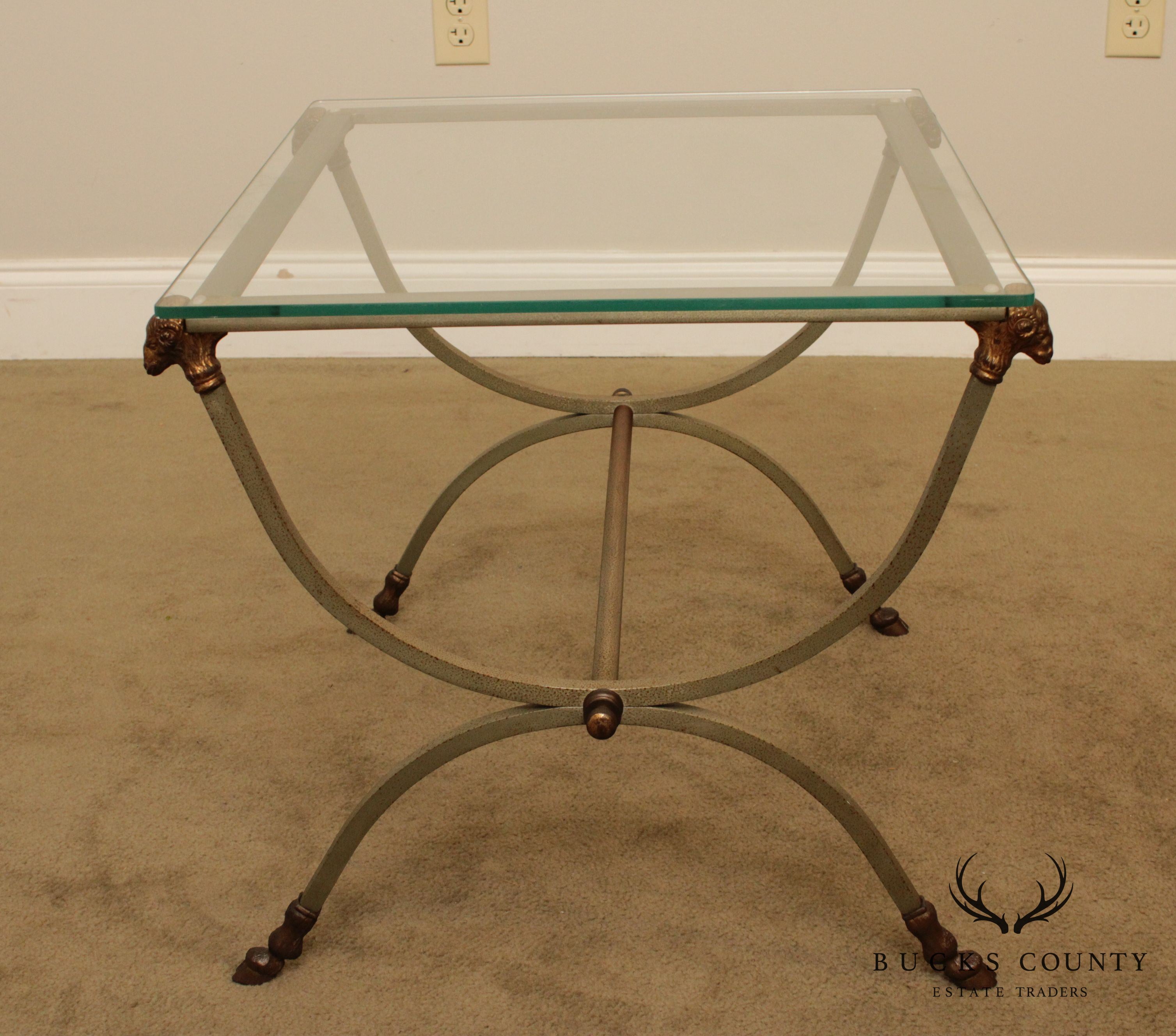 Directoire Style Vintage Steel, Brass Hoof Foot Glass Top Side Table