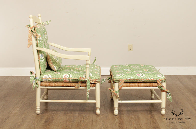Country French Style Pair of Rush Armchairs and Ottoman