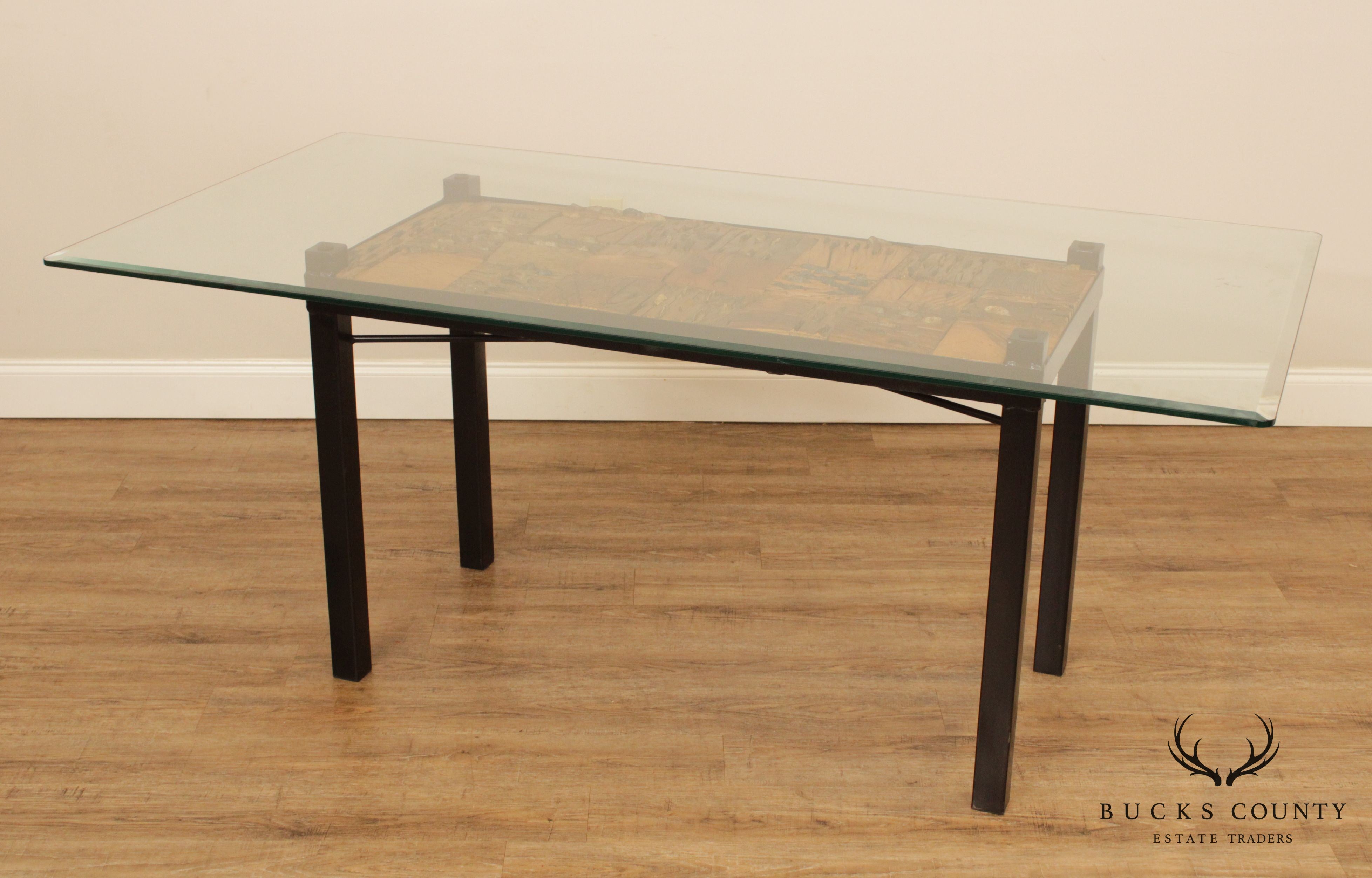 Quality Artisan Modular Driftwood, Iron Base, Glass Top Dining Table