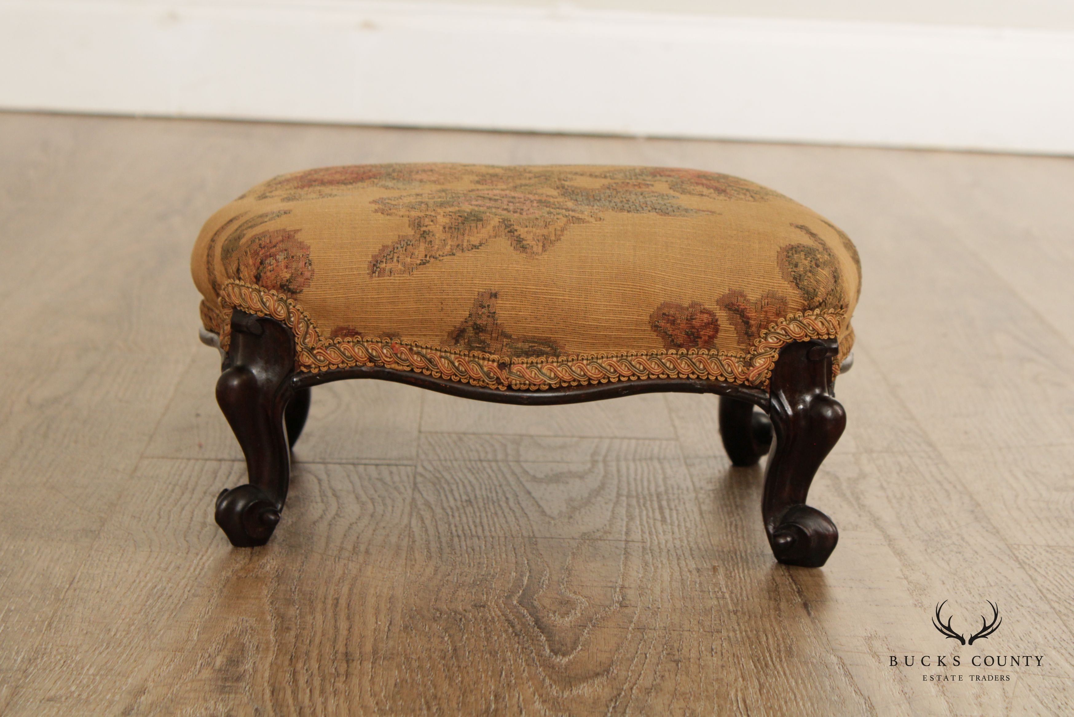 Antique Victorian Carved Rosewood Pair Custom Upholstered Footstools