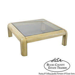 Maitland Smith Large Square Tessellated Stone Brass Glass Top Coffee Table