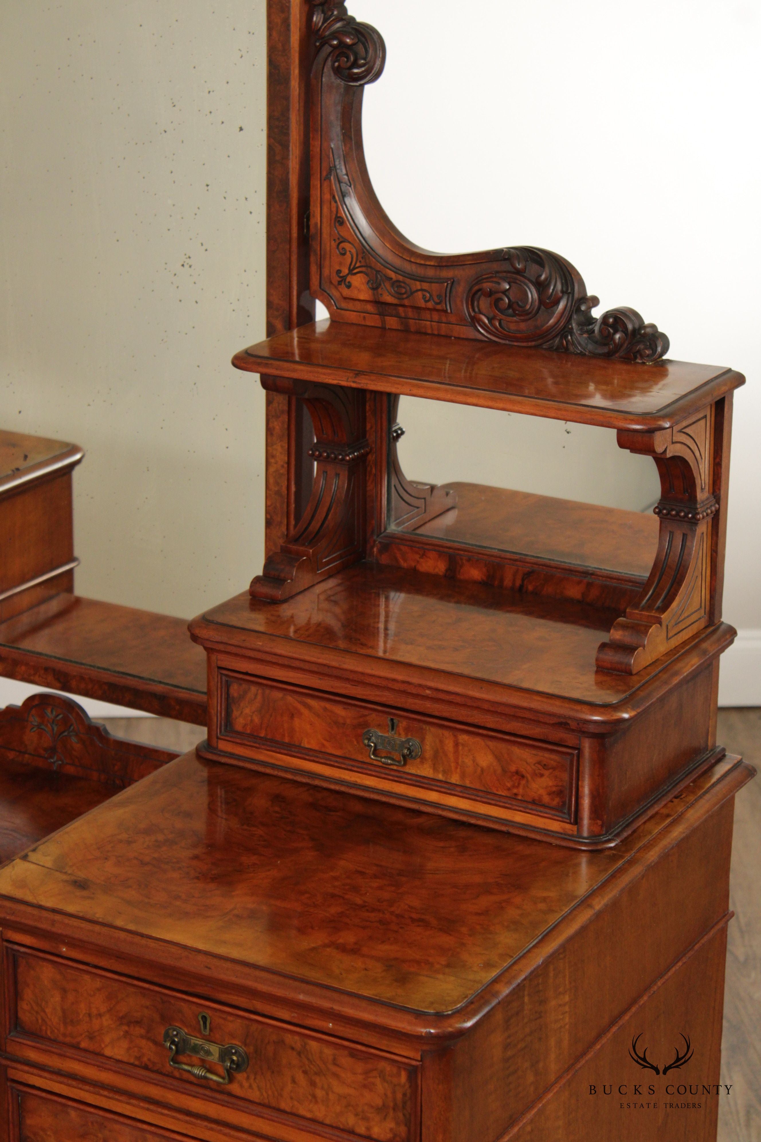 Antique English Victorian Walnut Burl Vanity Dresser with Mirror