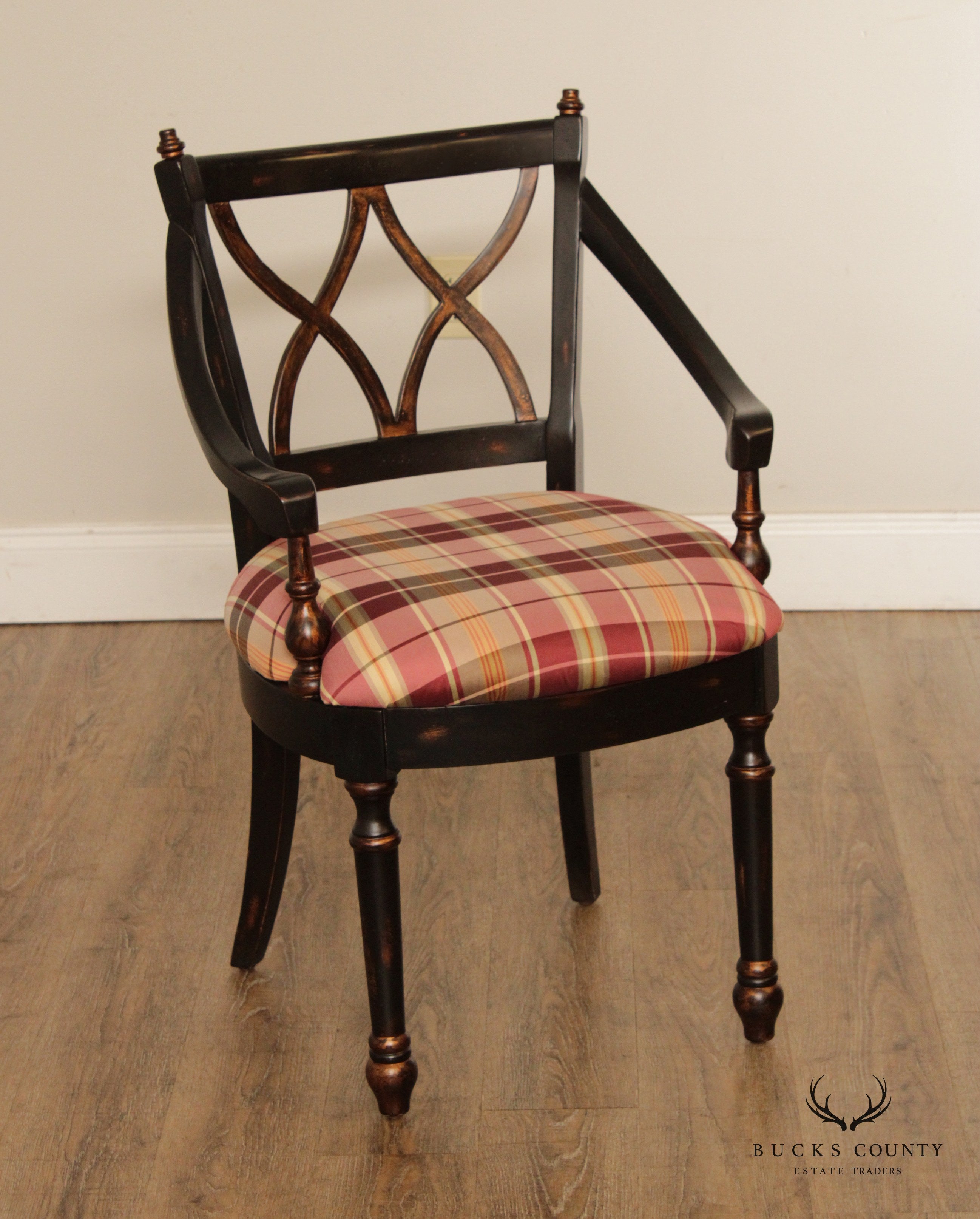 Regency Style Black Gilt Painted Arm Chair