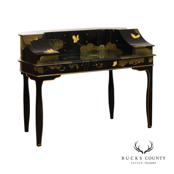Vintage Black Chinoiserie Paint Decorated Carlton House Writing Desk
