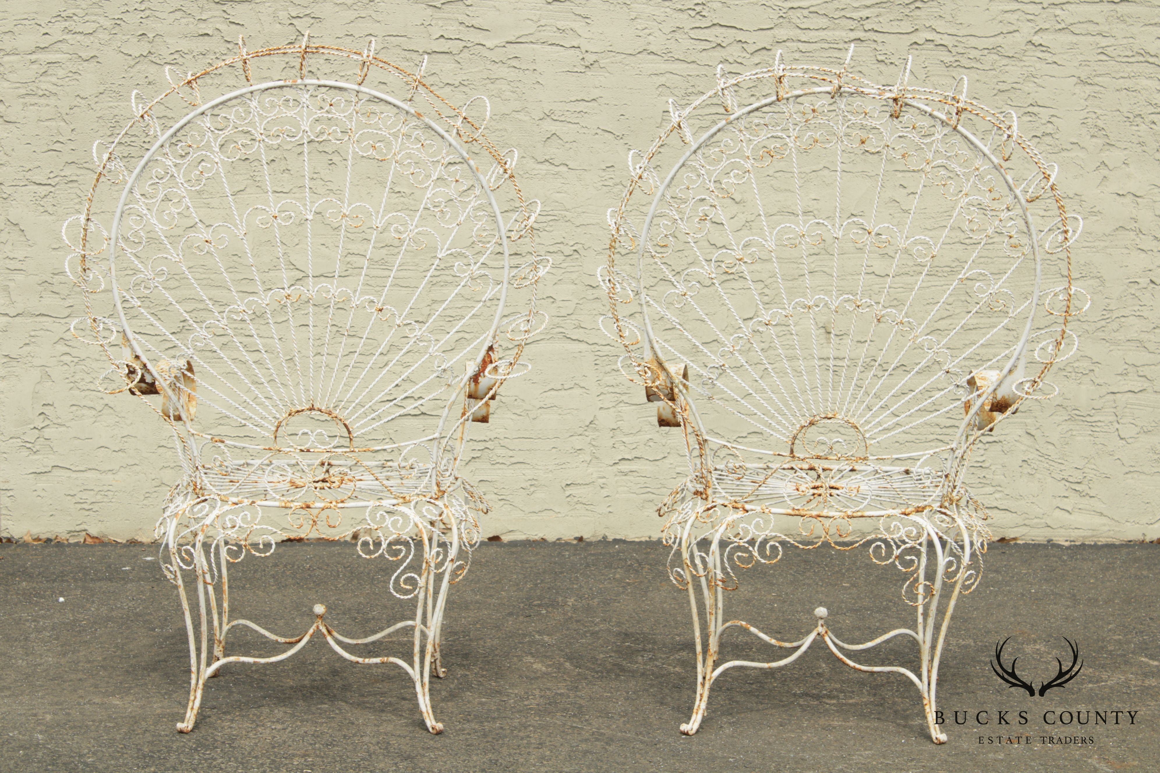 Vintage Pair Wrought Iron Peacock Garden Armchairs