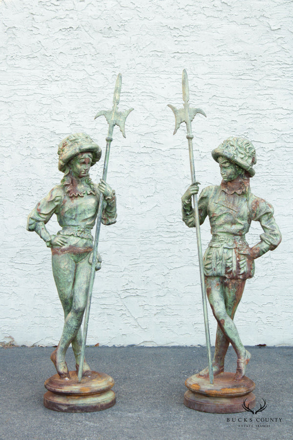French Renaissance Style Pair Verdigris Cast Iron Garden Statues