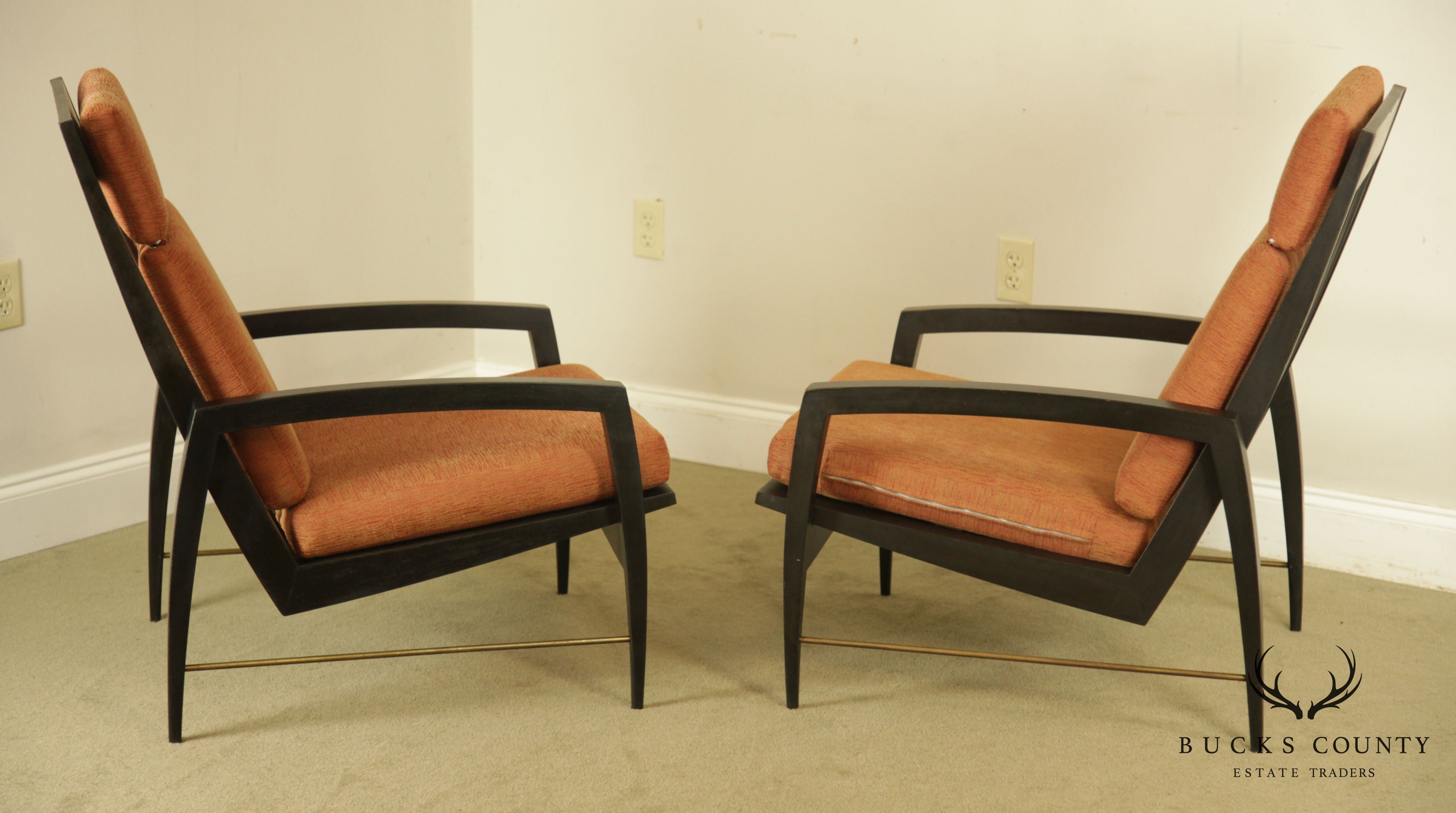 Danish Modern Ebonized Pair Black Lounge Chairs with Brass