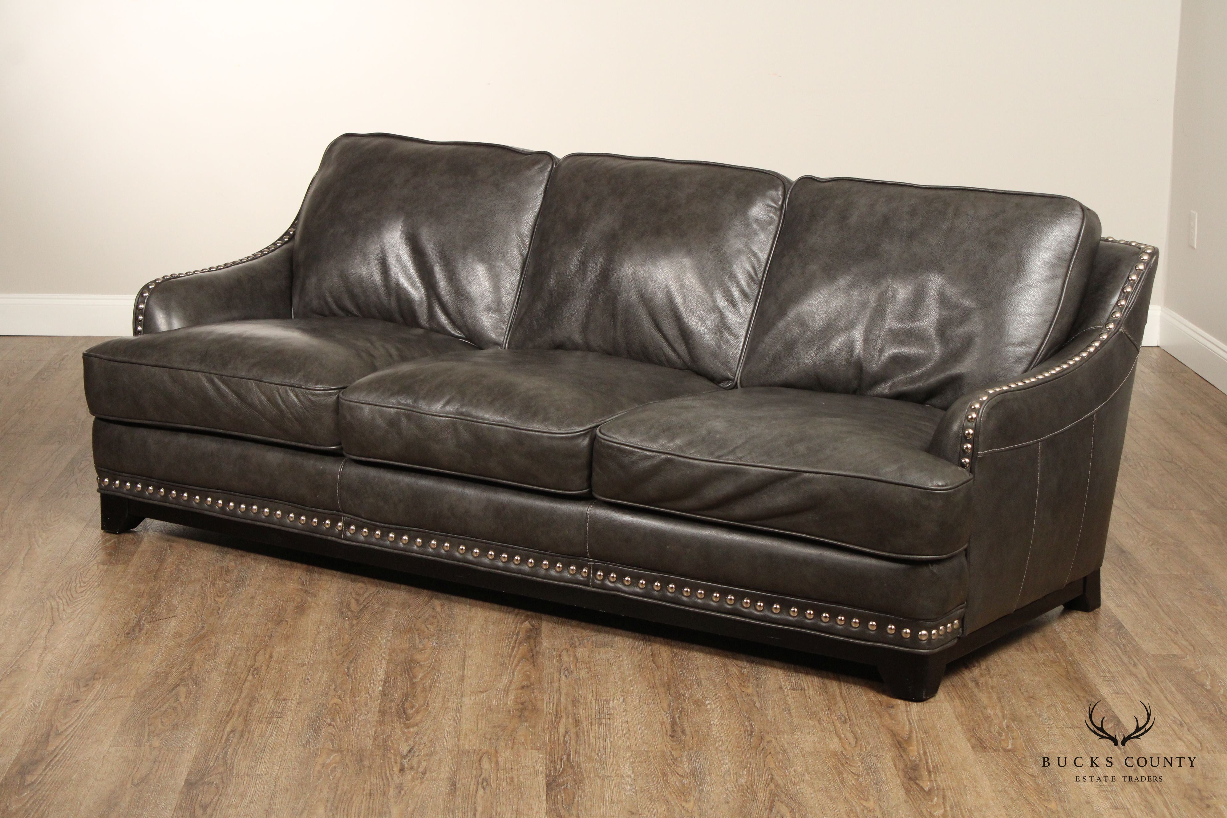 Quality Grey Leather Three Seat Nailhead Sofa