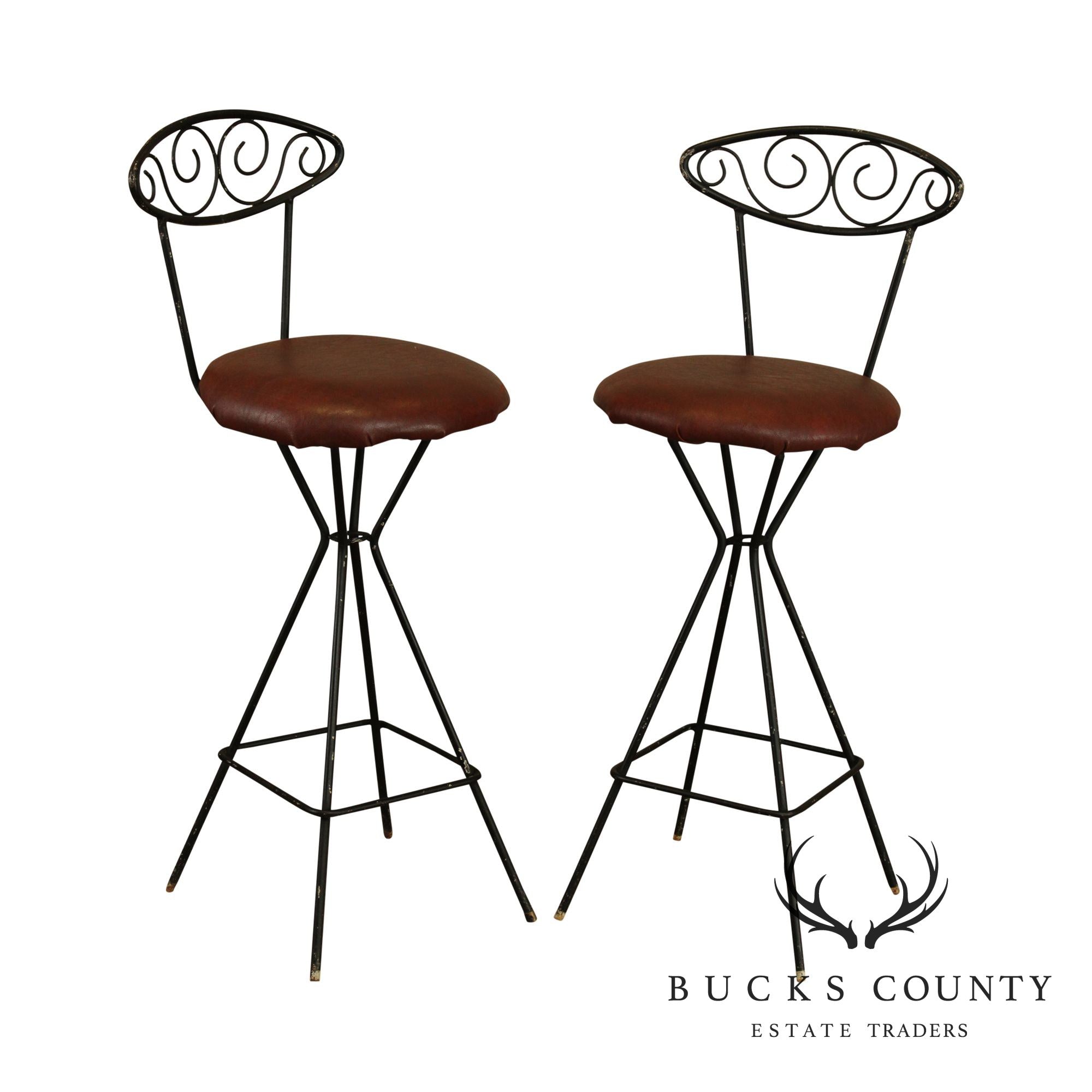 Mid Century Modern Pair Wrought Iron Barstools