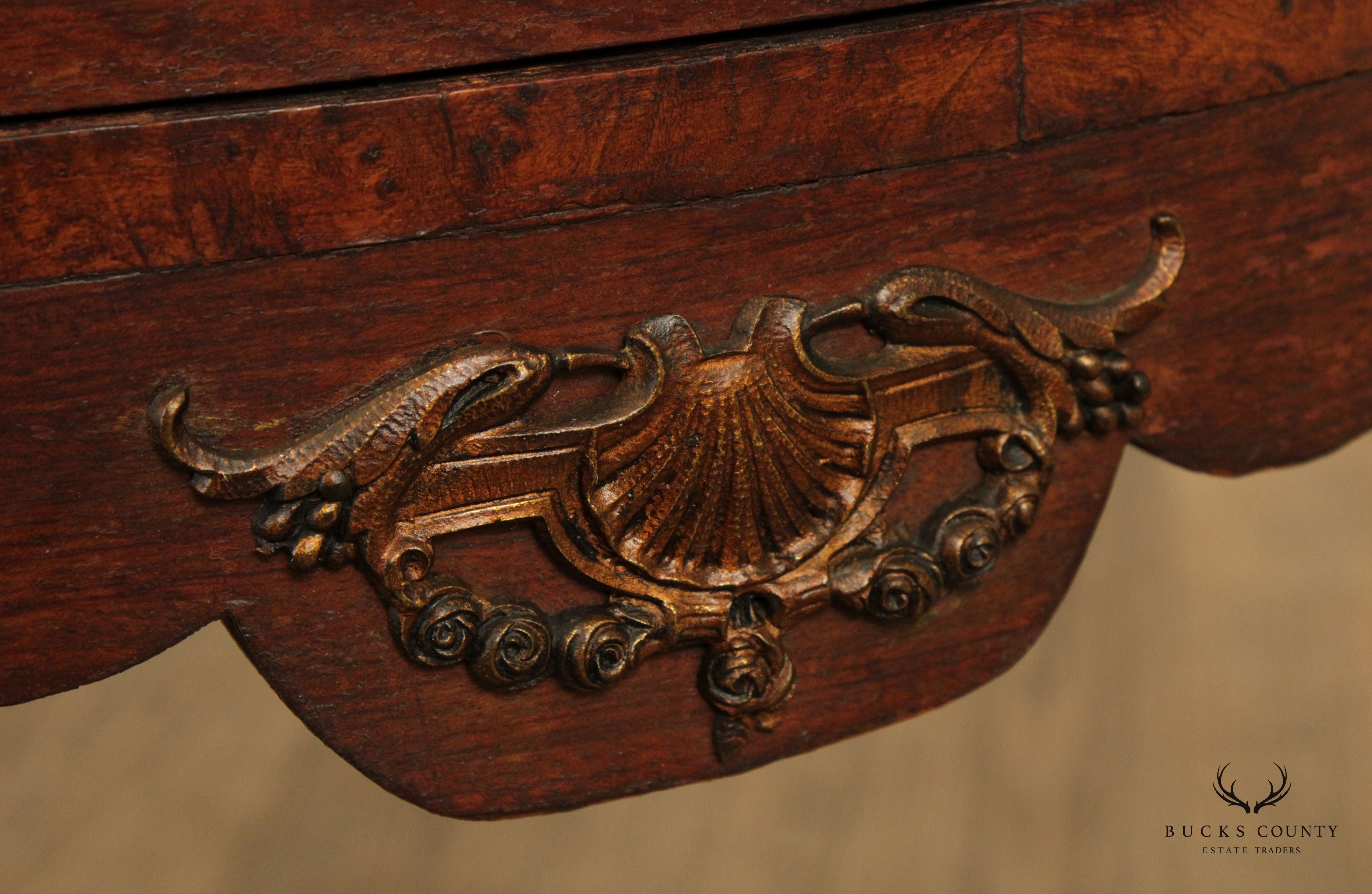 Antique French Louis XV Style Oak and Burlwood Marble Top Commode