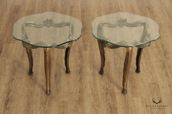 Hollywood Regency Pair of Gilt Metal and Glass Side Tables