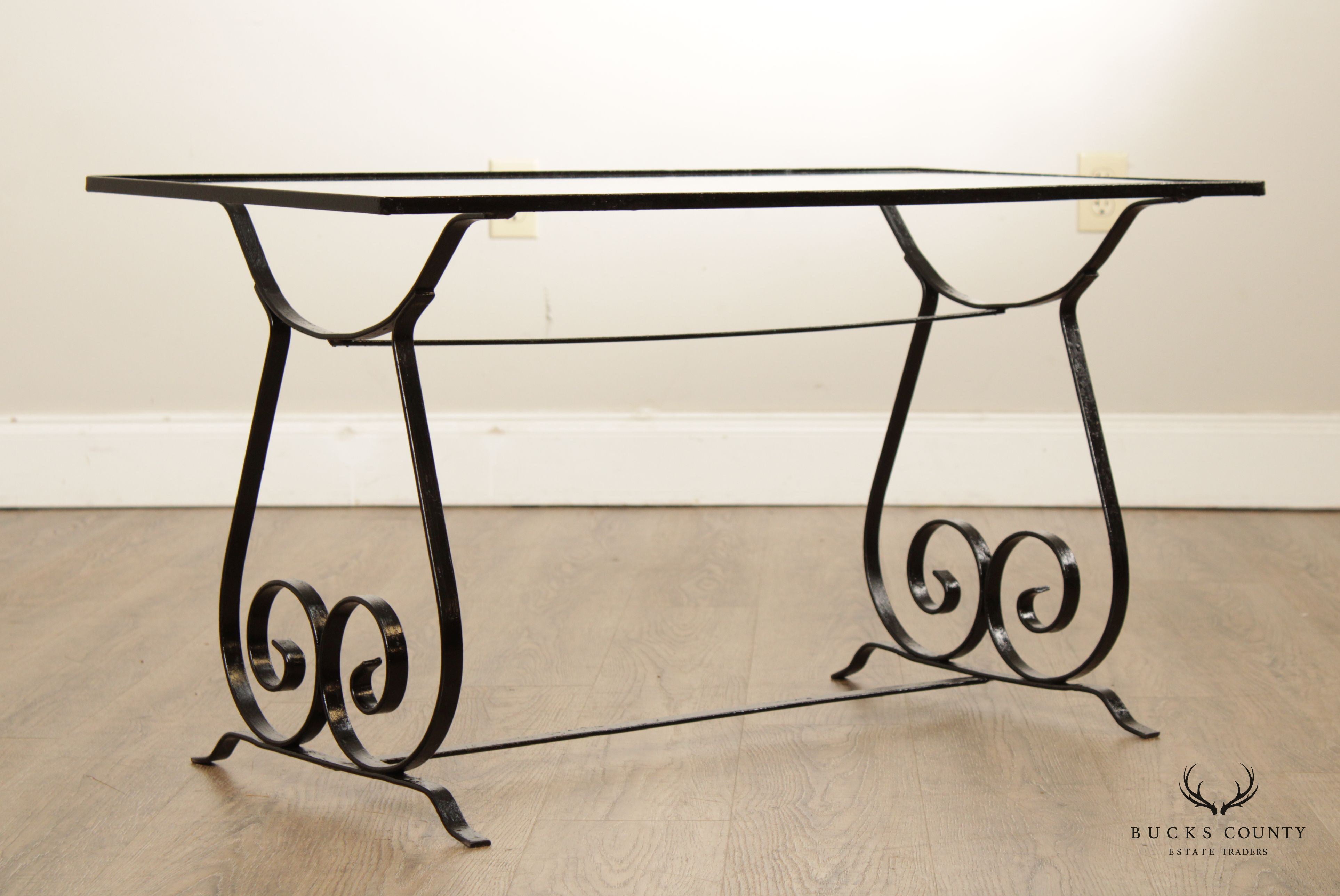 Vintage Wrought Iron Scroll Glass Top Cocktail Table