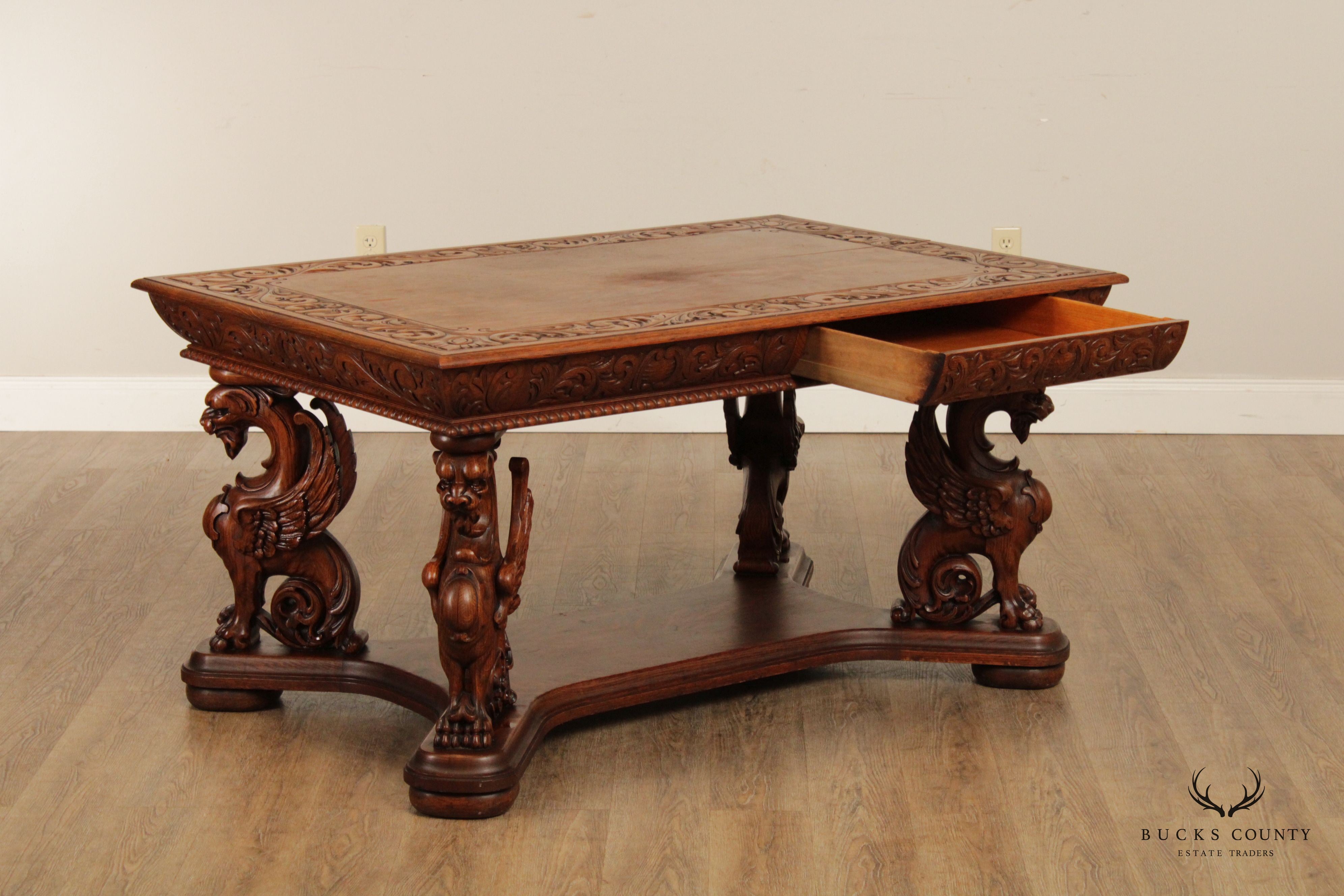 RJ Horner Antique Renaissance Revival Griffin Carved Oak Writing Desk or Library Table