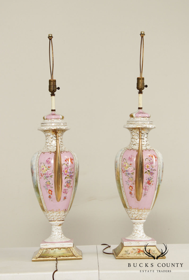 Louis XVI Style Hand Painted Porcelain Urn Form Pair Table Lamps
