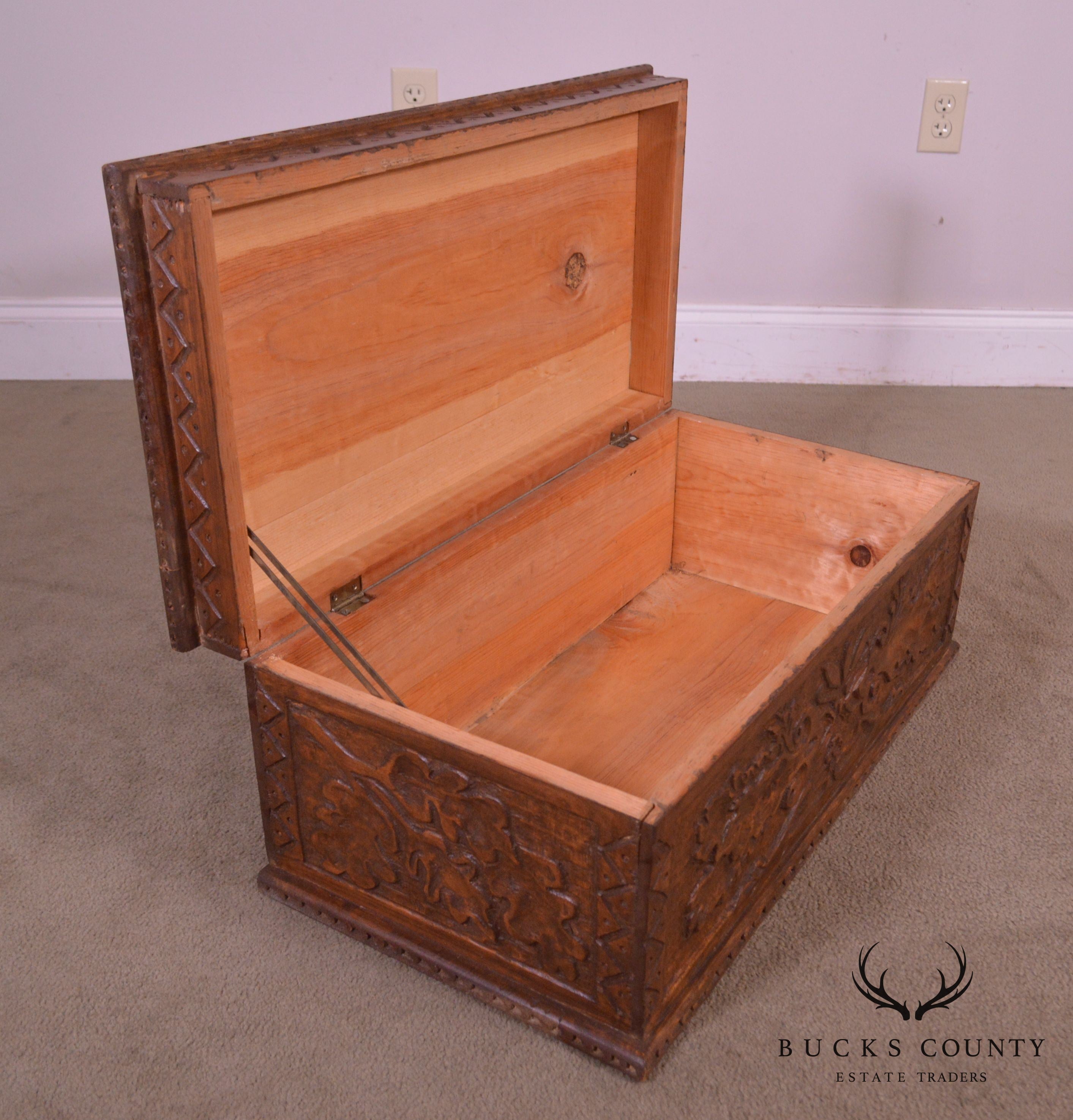 Antique Hand Carved Wood Chest with Eagle