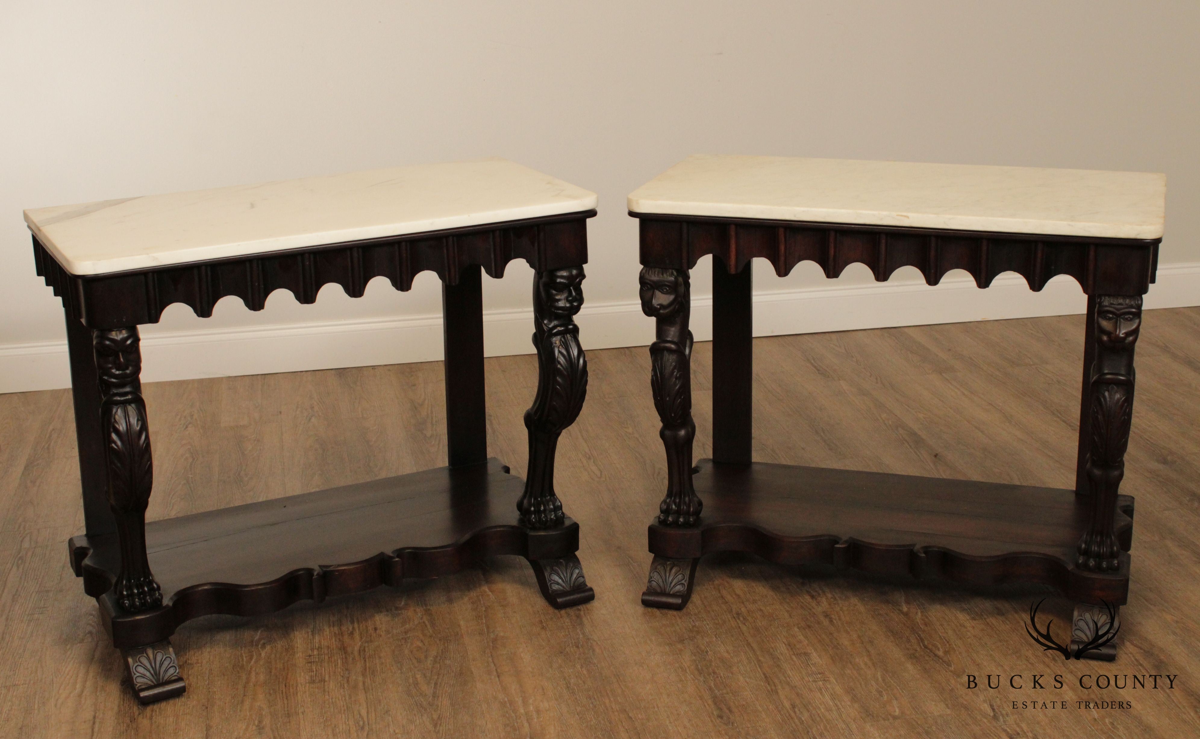 Antique 19th Century Anglo Indian Renaissance Carved Rosewood Marble Top Consoles Tables