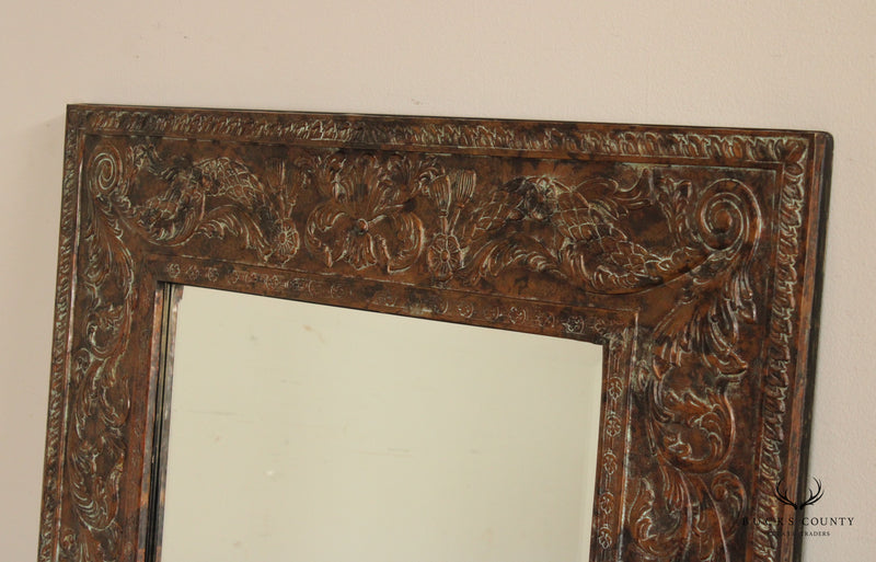 Vintage Patinated Embossed Copper Frame Beveled Wall Mirror