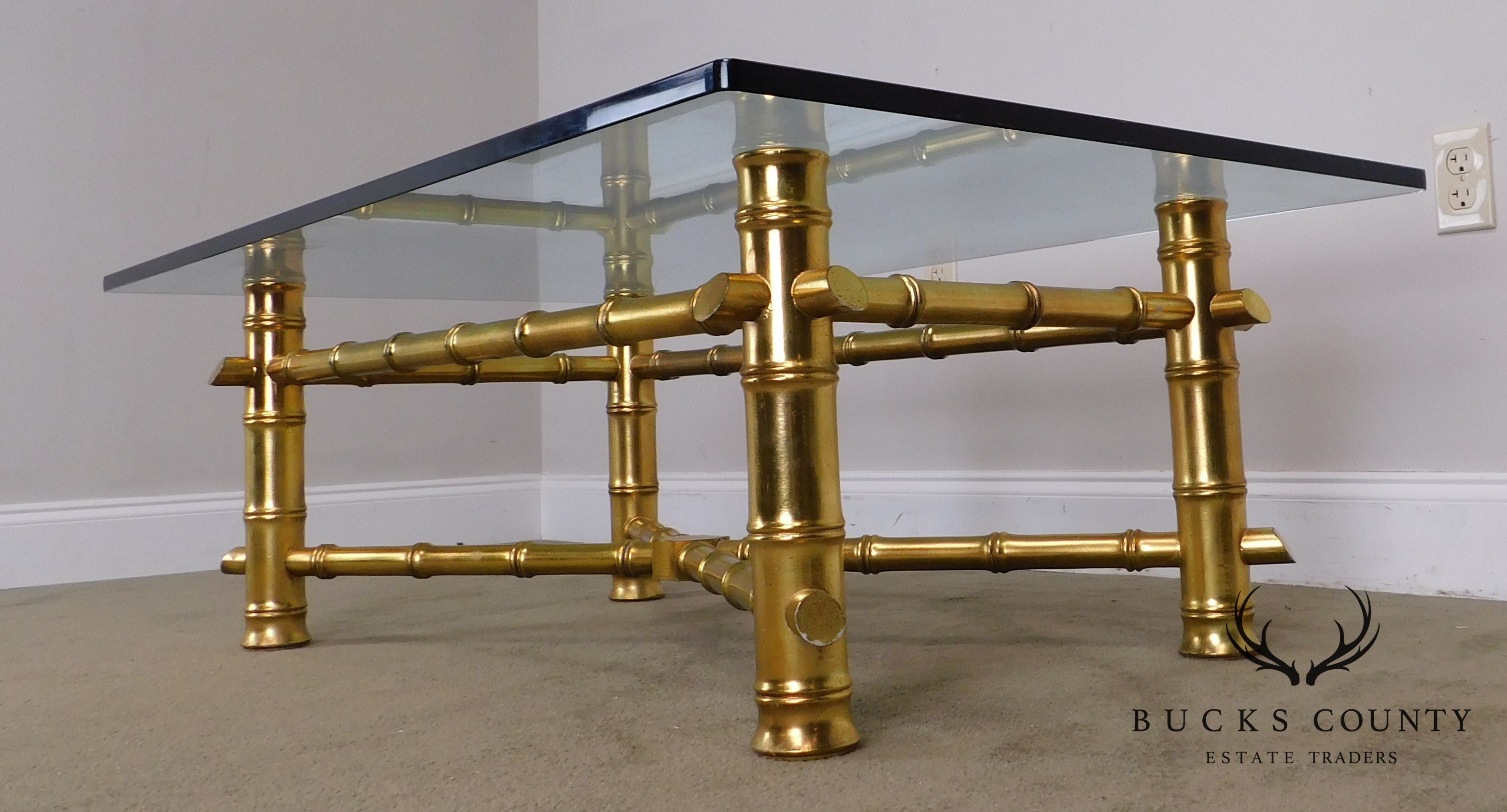 Hollywood Regency Faux Bamboo Gold Gilt Wood Glass Top Coffee Table