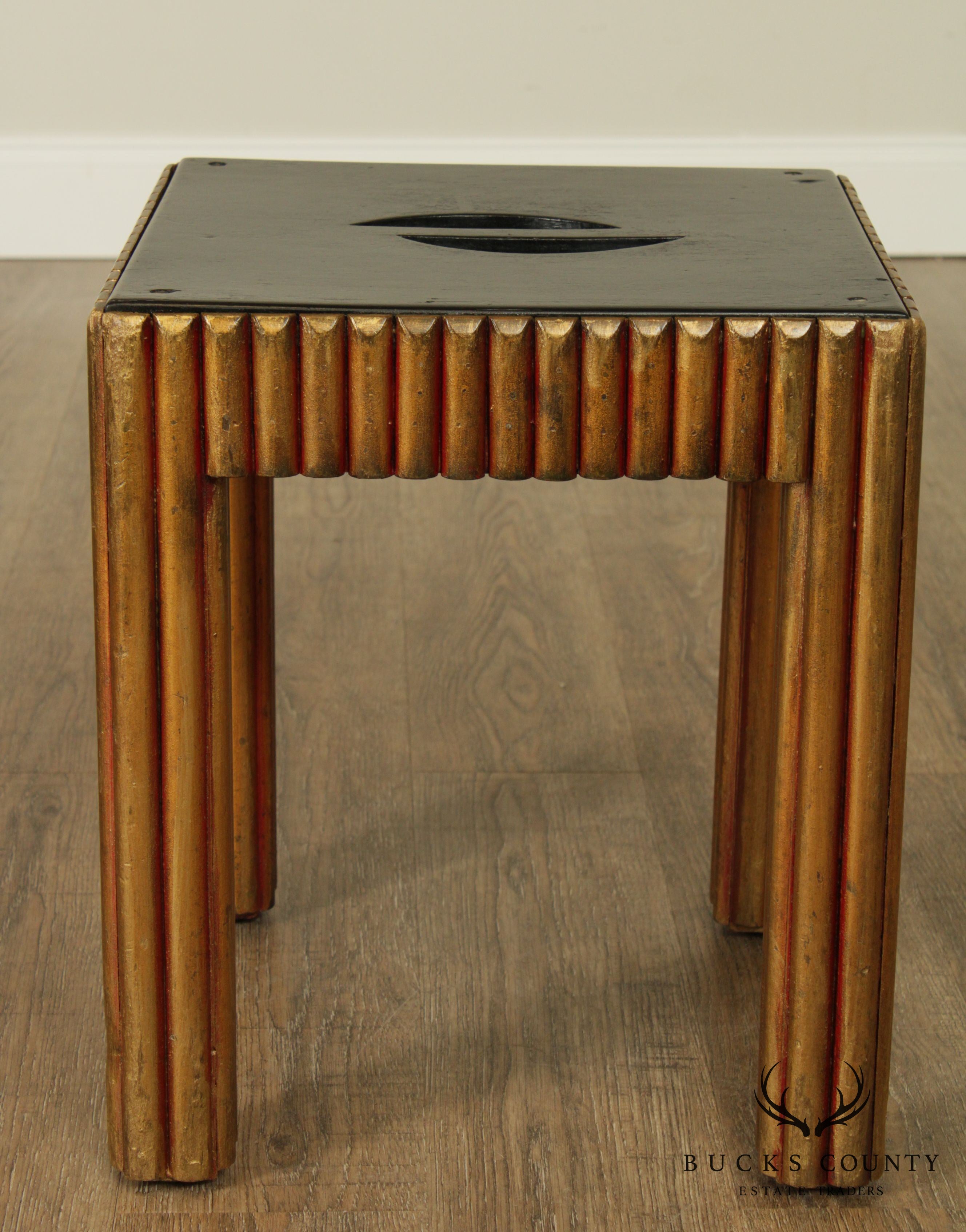 Vintage Art Deco Polychrome Painted Black and Gold Taboret Side Table