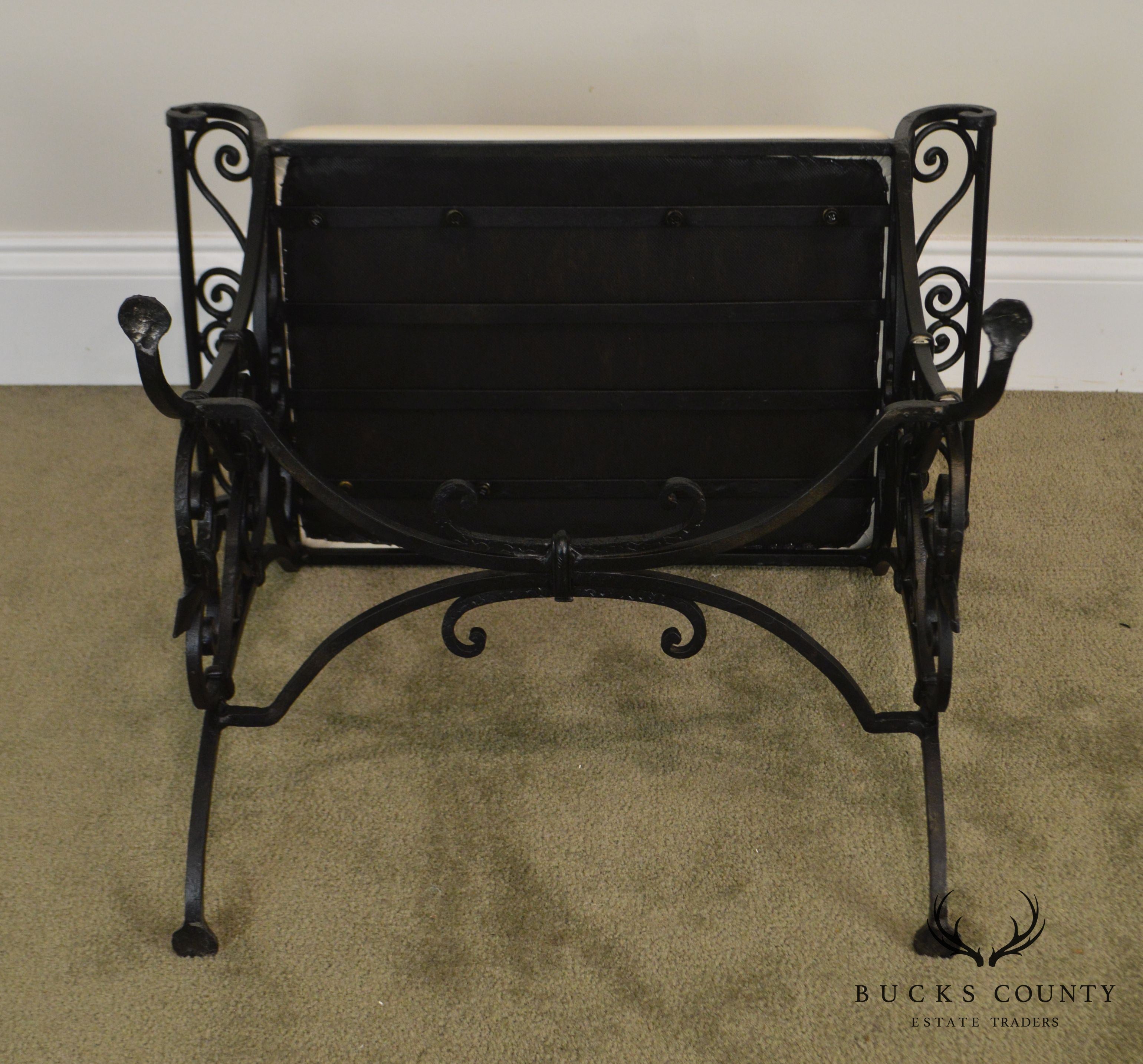 Wrought Iron Art Deco Period Vintage Leather Seat Bench