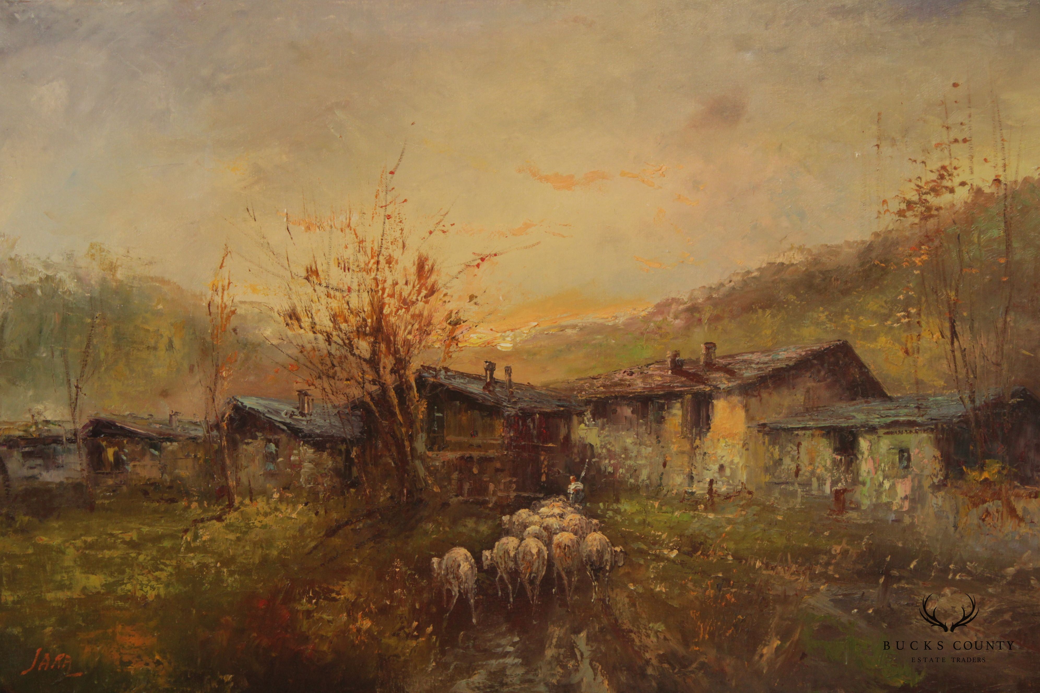 European 20th C. Pastoral Village Landscape Scene by Sara