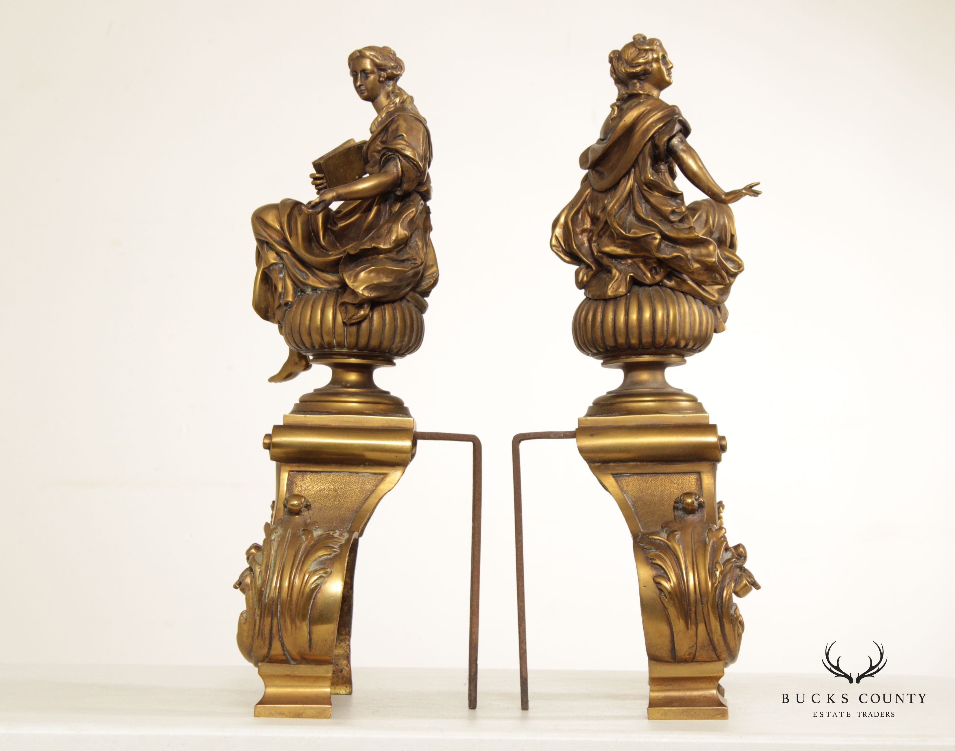 Antique 19th C. French Neoclassical Pair of Brass Chenets