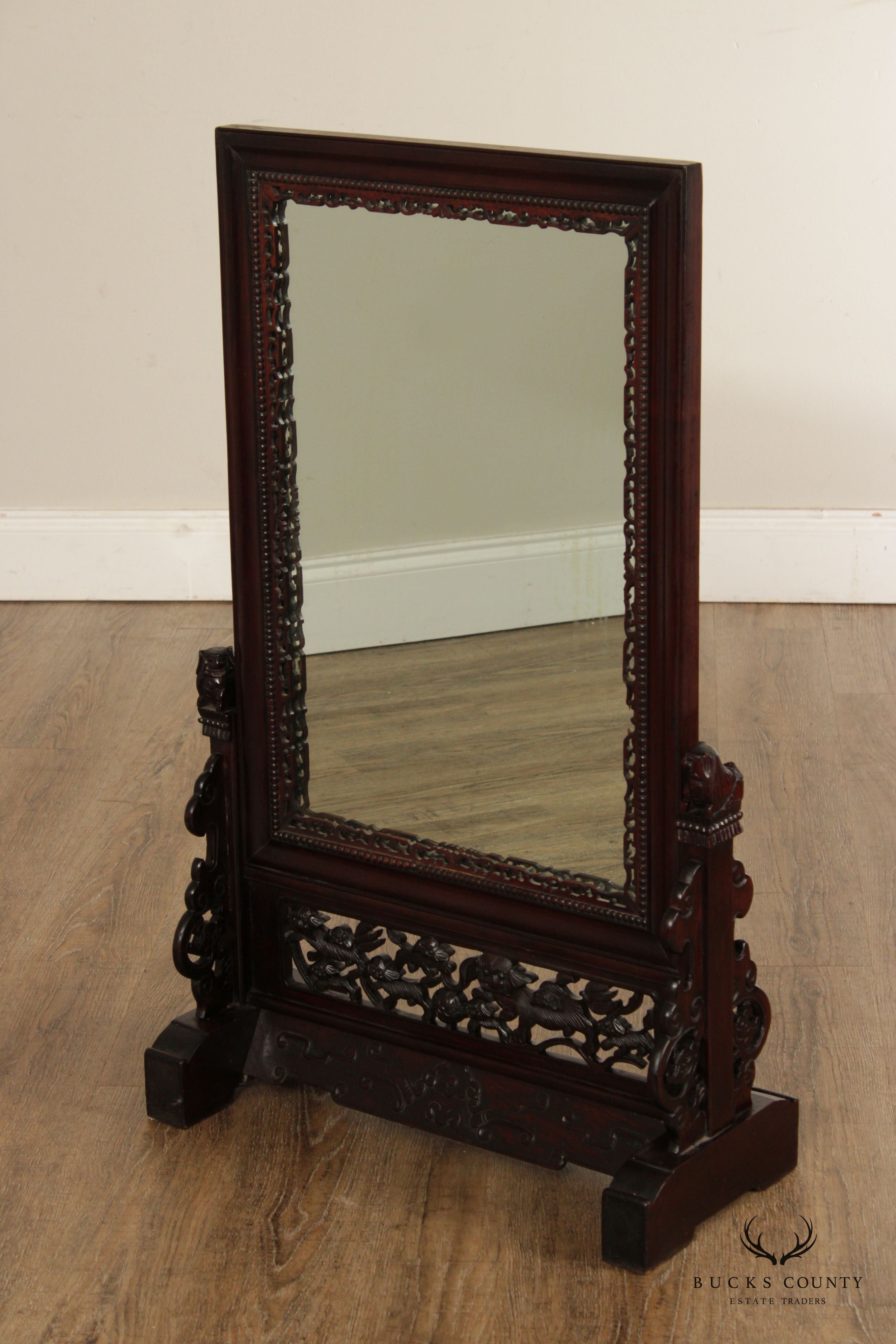 Antique Chinese Carved Hardwood Table Screen Mirror