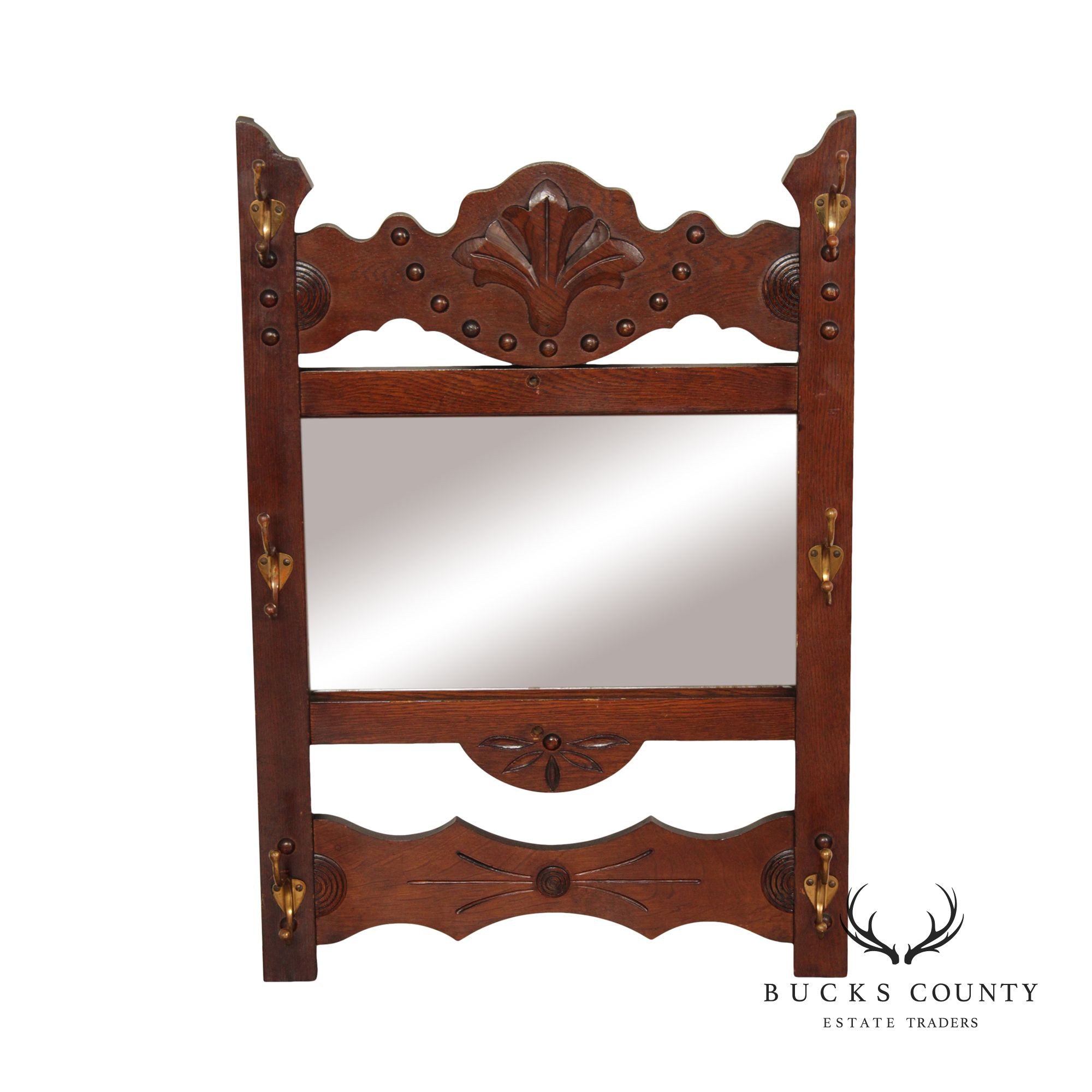 Antique Victorian Oak Hat Rack Wall Mirror