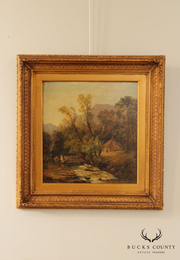 Antique Rustic Landscape Oil Painting, Custom Framed