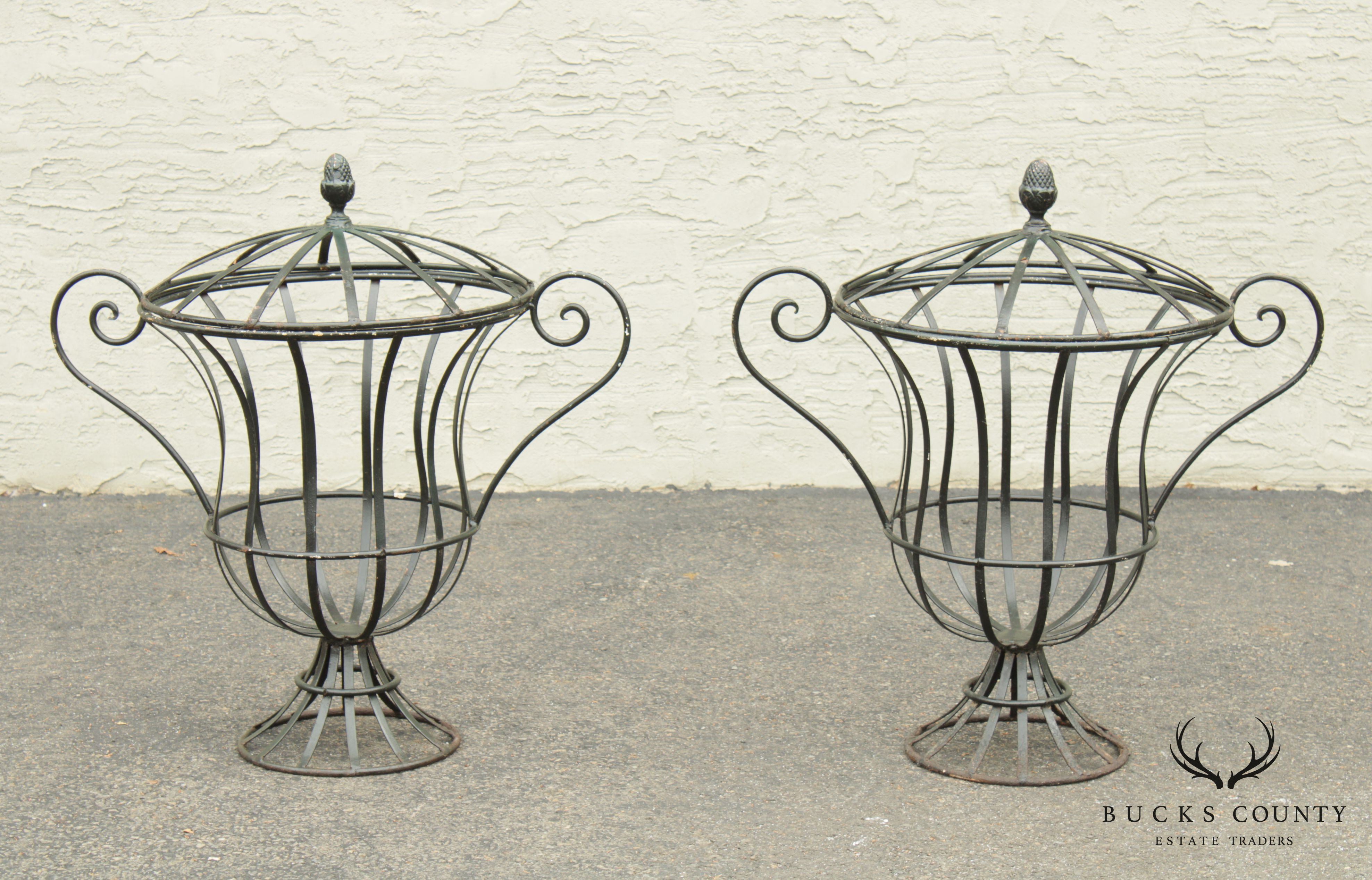 Vintage Pair Wrought Iron Garden Urn Topiary Planters