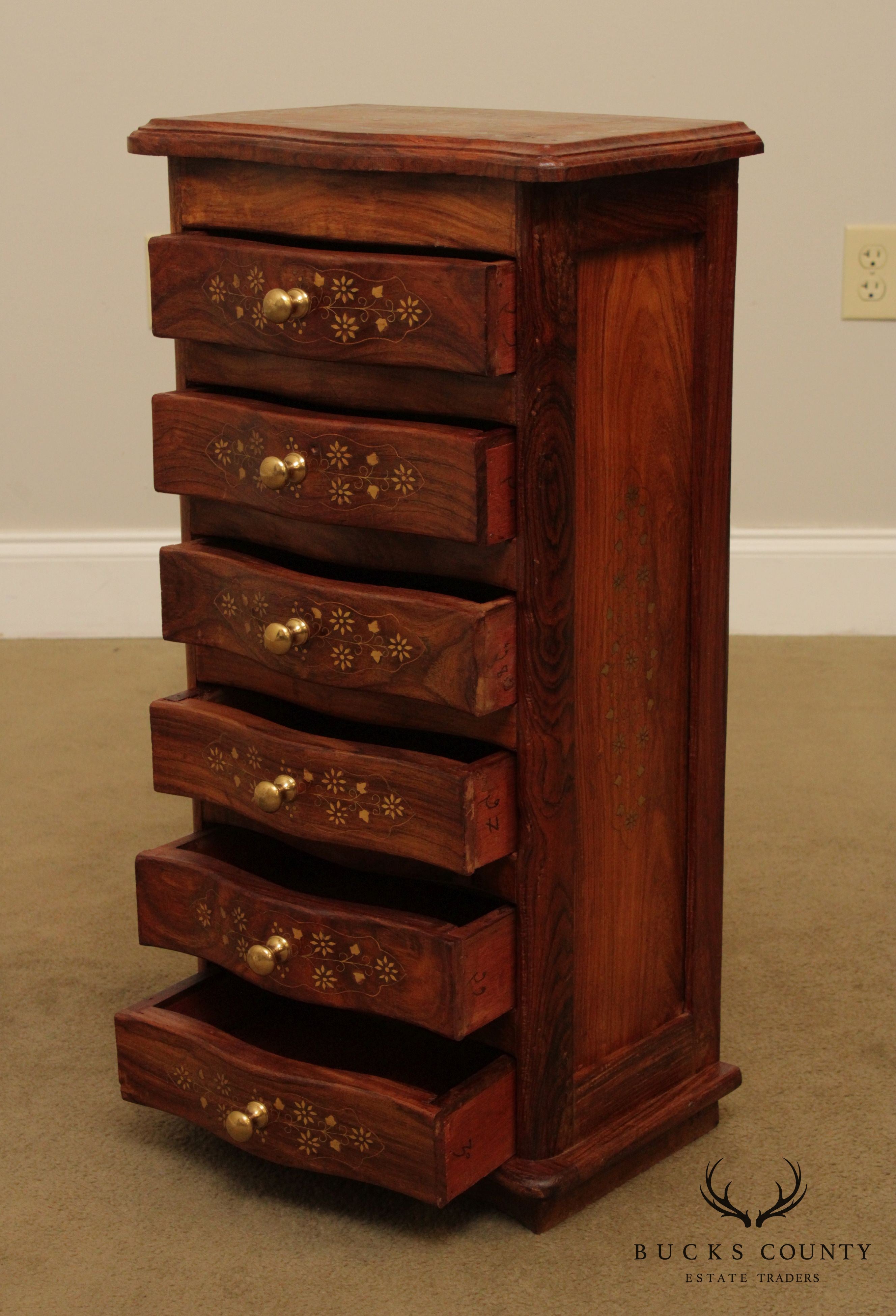 Quality Indian Rosewood Brass Inlaid Narrow 6 Drawer Chest