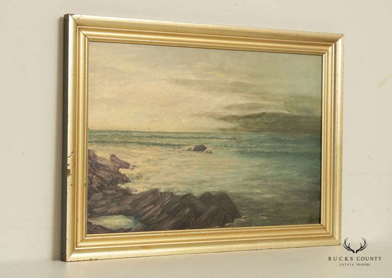 Antique Early 20th C. Seascape Oil Painting, Illegible signed