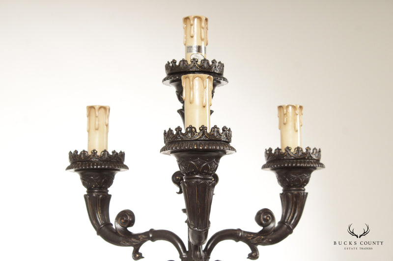 Gothic Revival Style Pair of Bronze Five-Light Candelabra