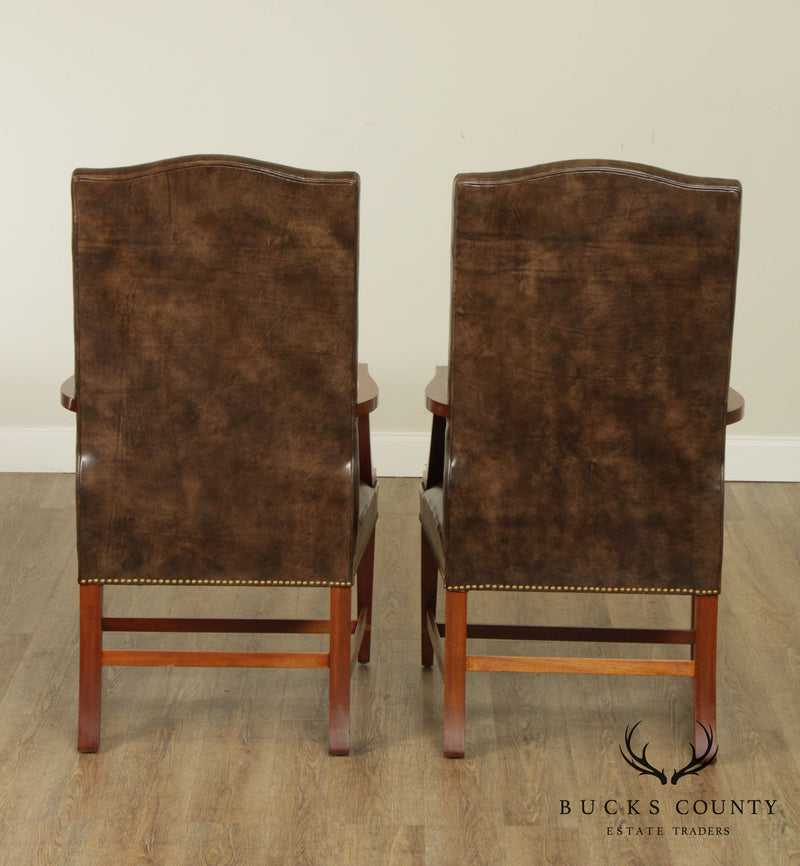 Hepplewhite Style Custom Mahogany Inlaid Brown Leather Pair Martha Washington Lolling Chairs