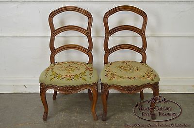 Antique Pair of 19th Century Walnut Louis XVI Style Ladder Back Needlepoint Side