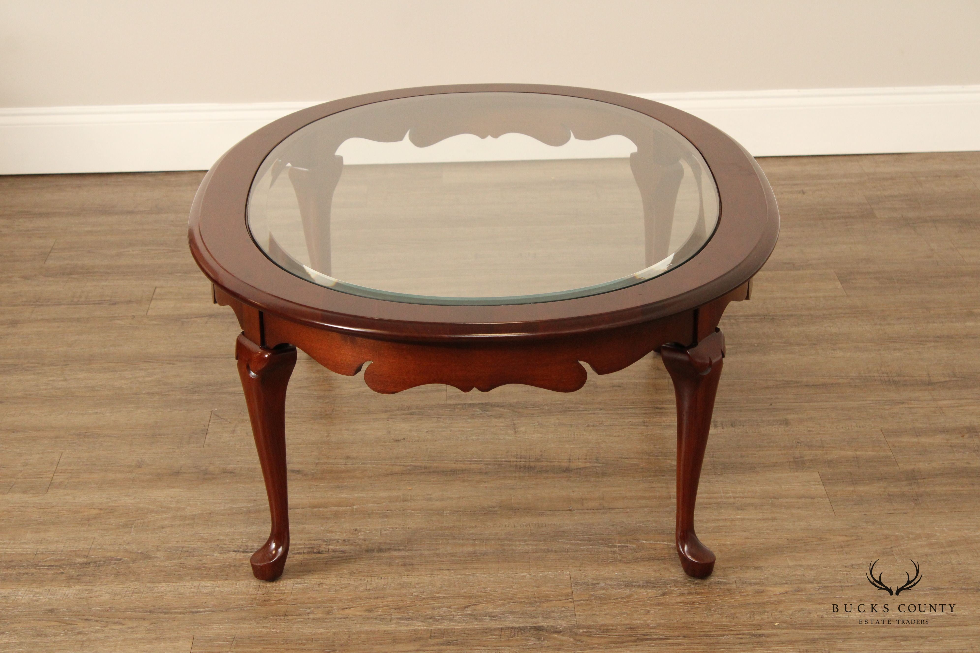 Queen Anne Style Carved Cherry Oval Glass Top Coffee Table