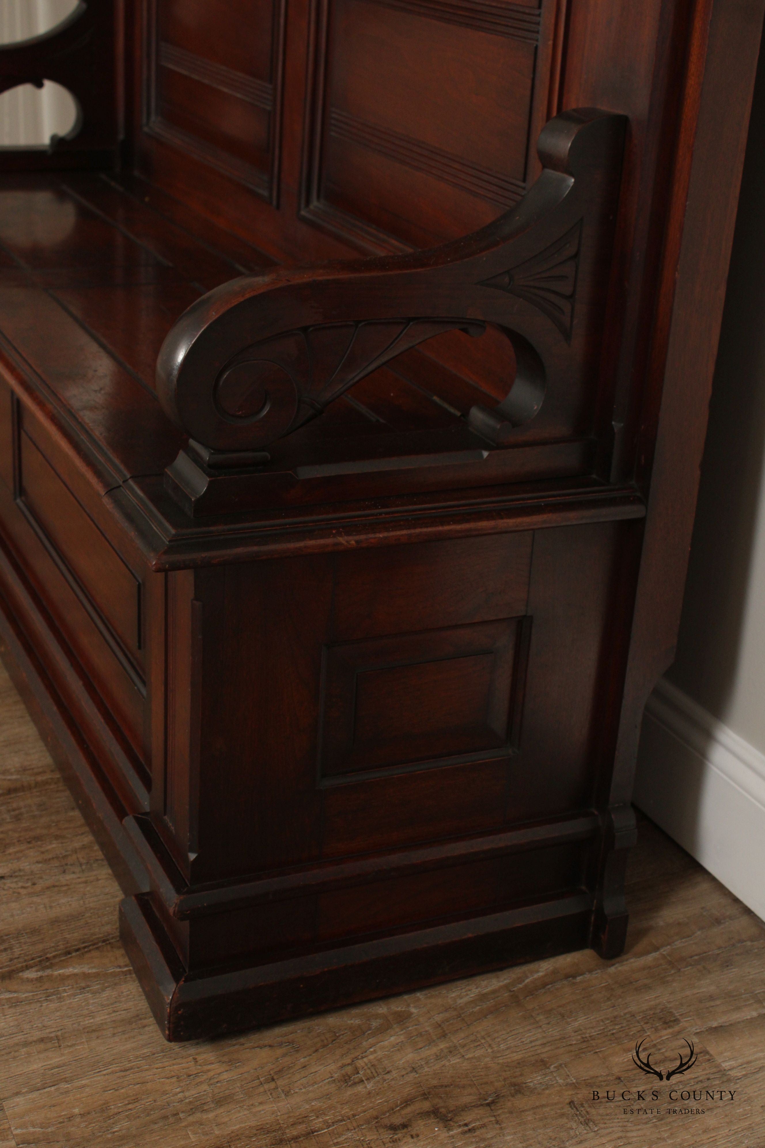 Monumental American Victorian Renaissance Carved Walnut Hall Bench With Mirror