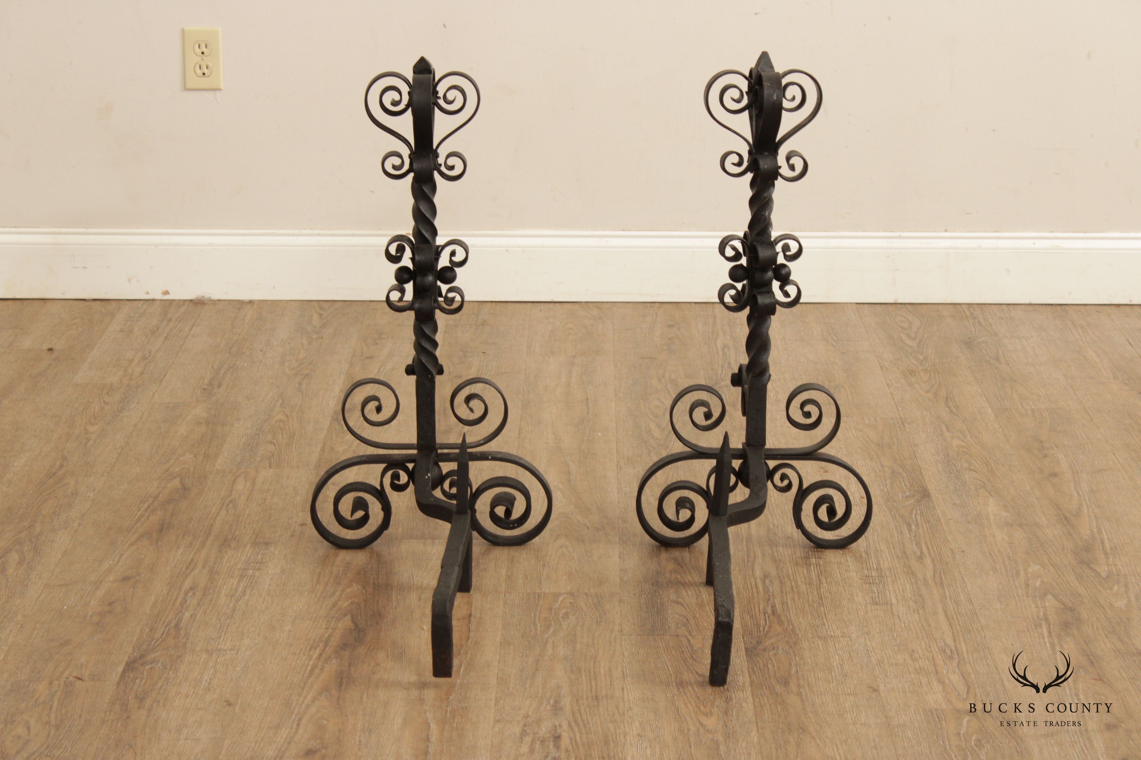 Vintage Gothic Style Pair Wrought Iron Scroll Andirons