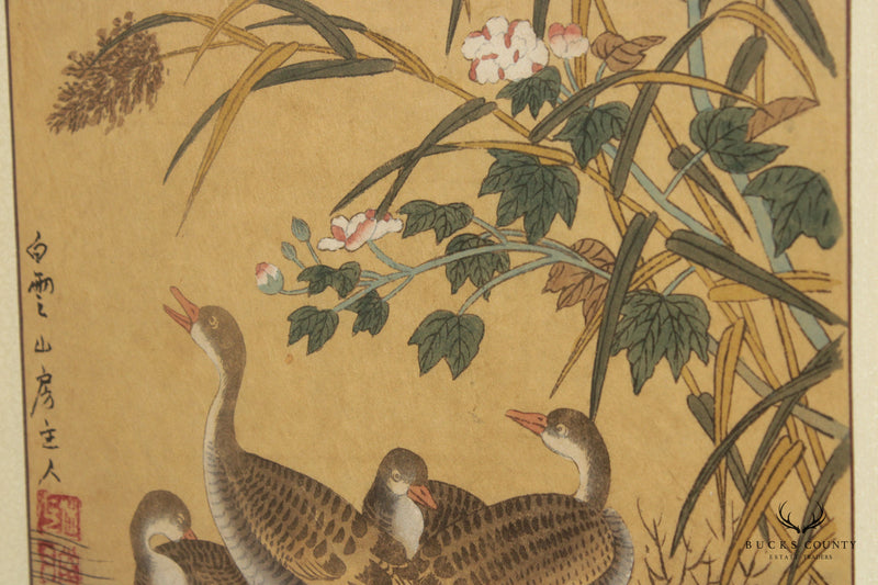 Antique Chinese Birds Scroll Painting, Custom Framed