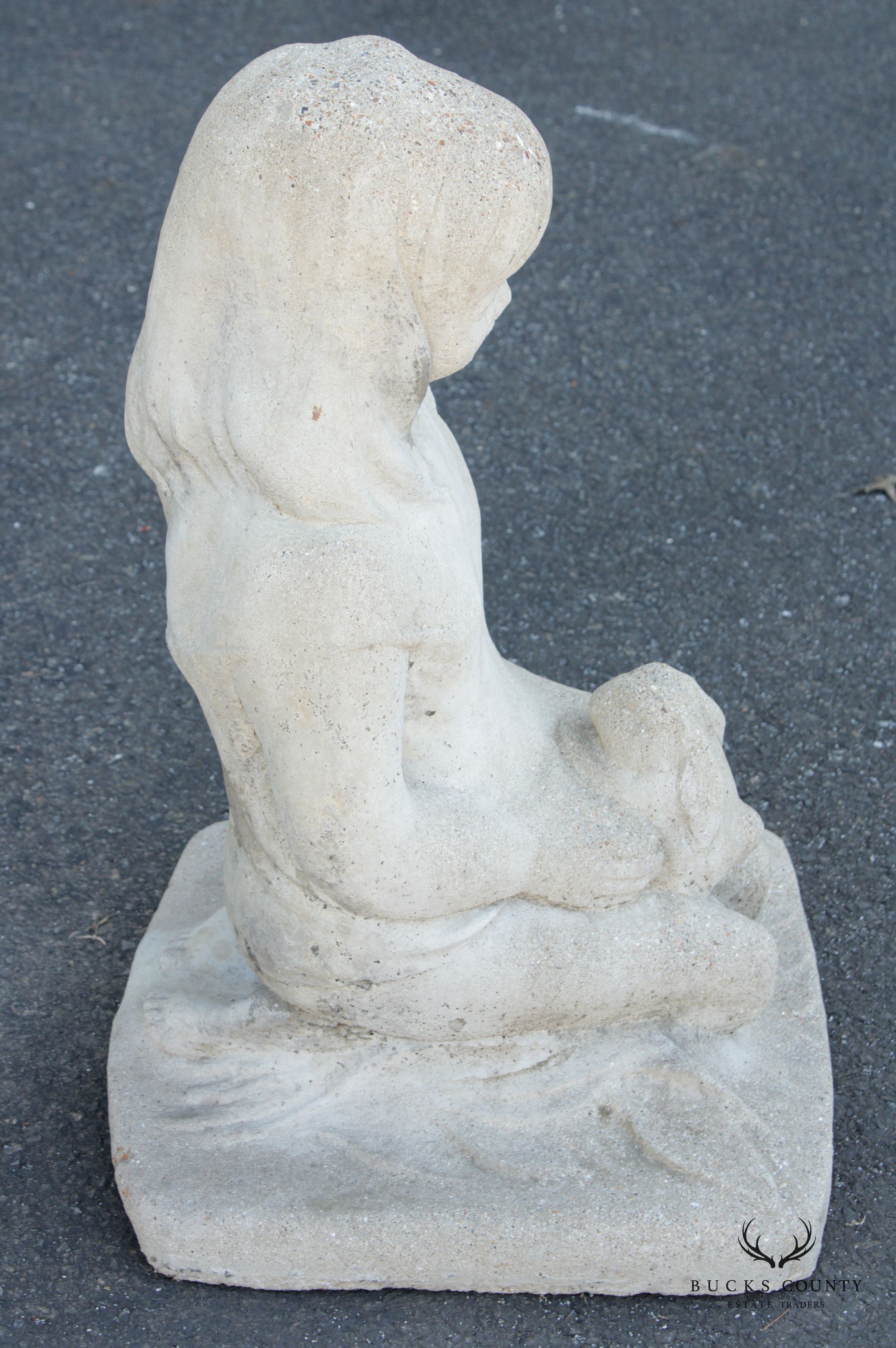 Vintage Cast Stone Child Holding Bunny Garden Sculpture