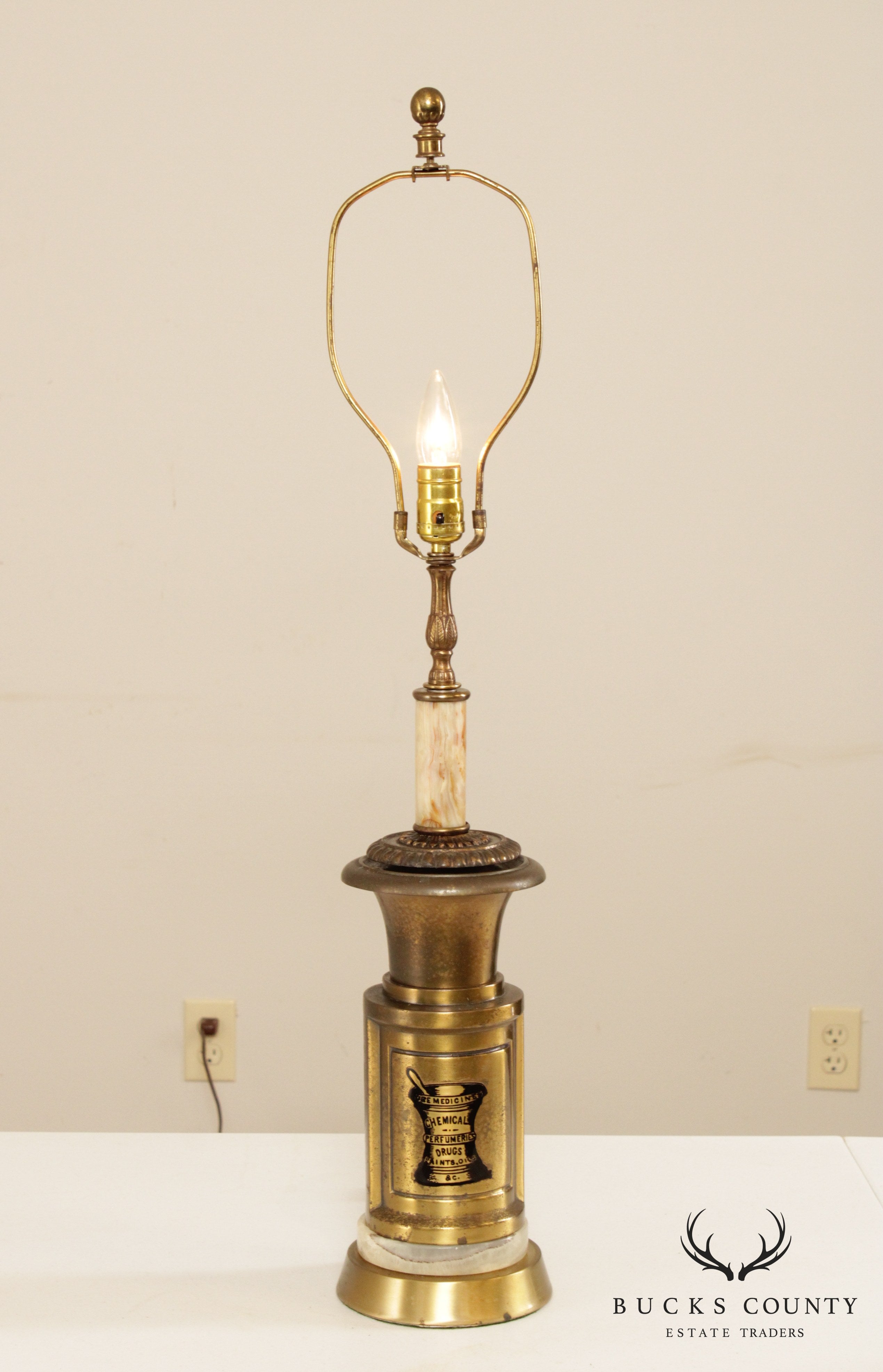 Vintage Unique Lamp with 'Ure Medicines'  Brass Canister Base and Onyx