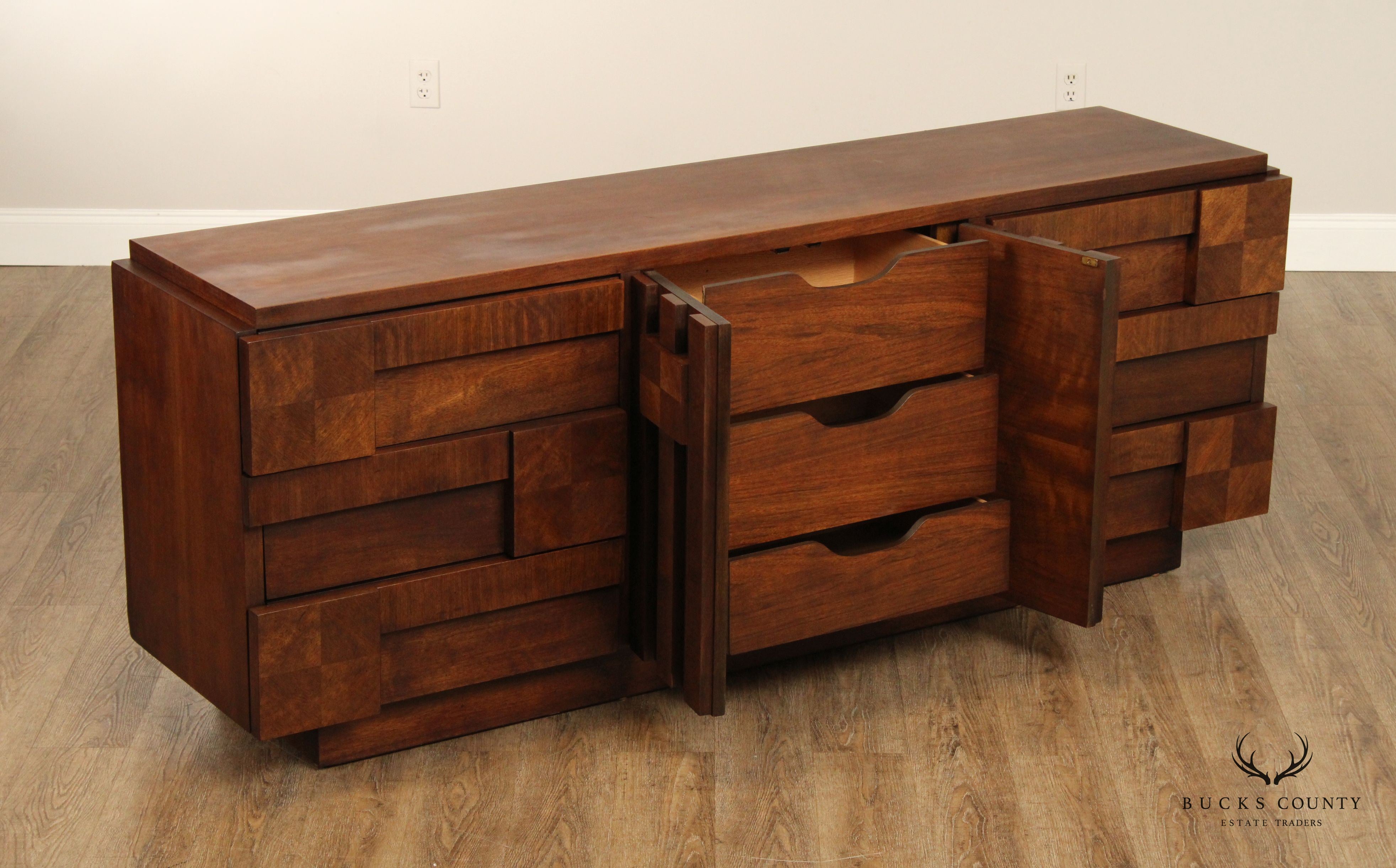 Lane Mid Century Modern Brutalist Walnut Long Dresser