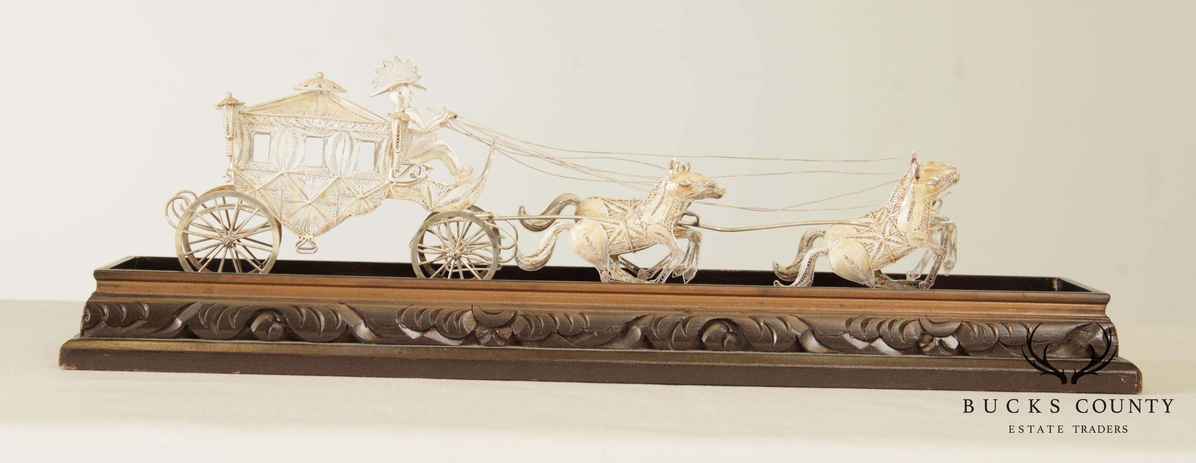 Sterling Silver Wire & Filigree Carriage with Driver and Four Horses, Carved Wood Base