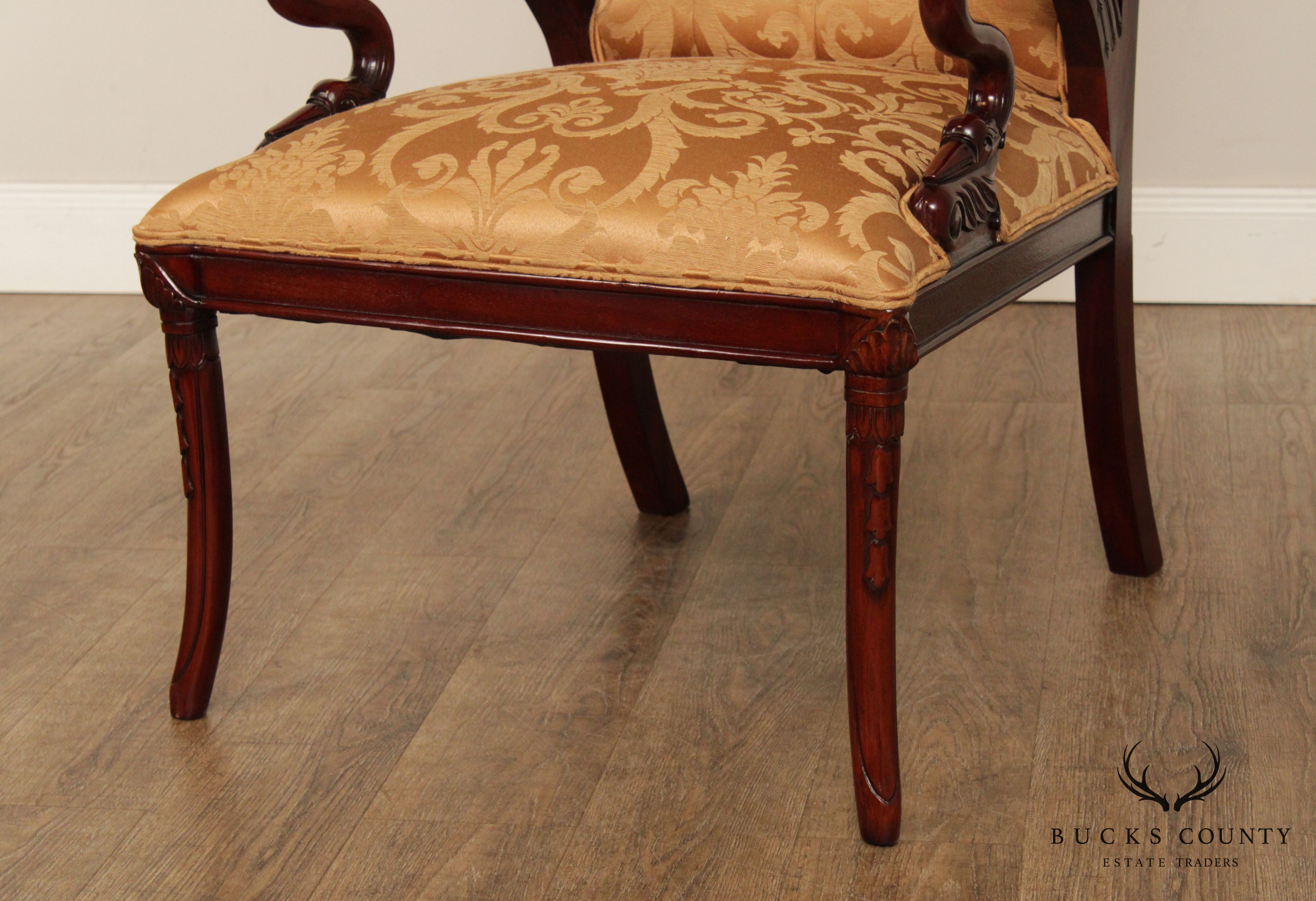 French Regency Style Carved Mahogany Pair Armchairs