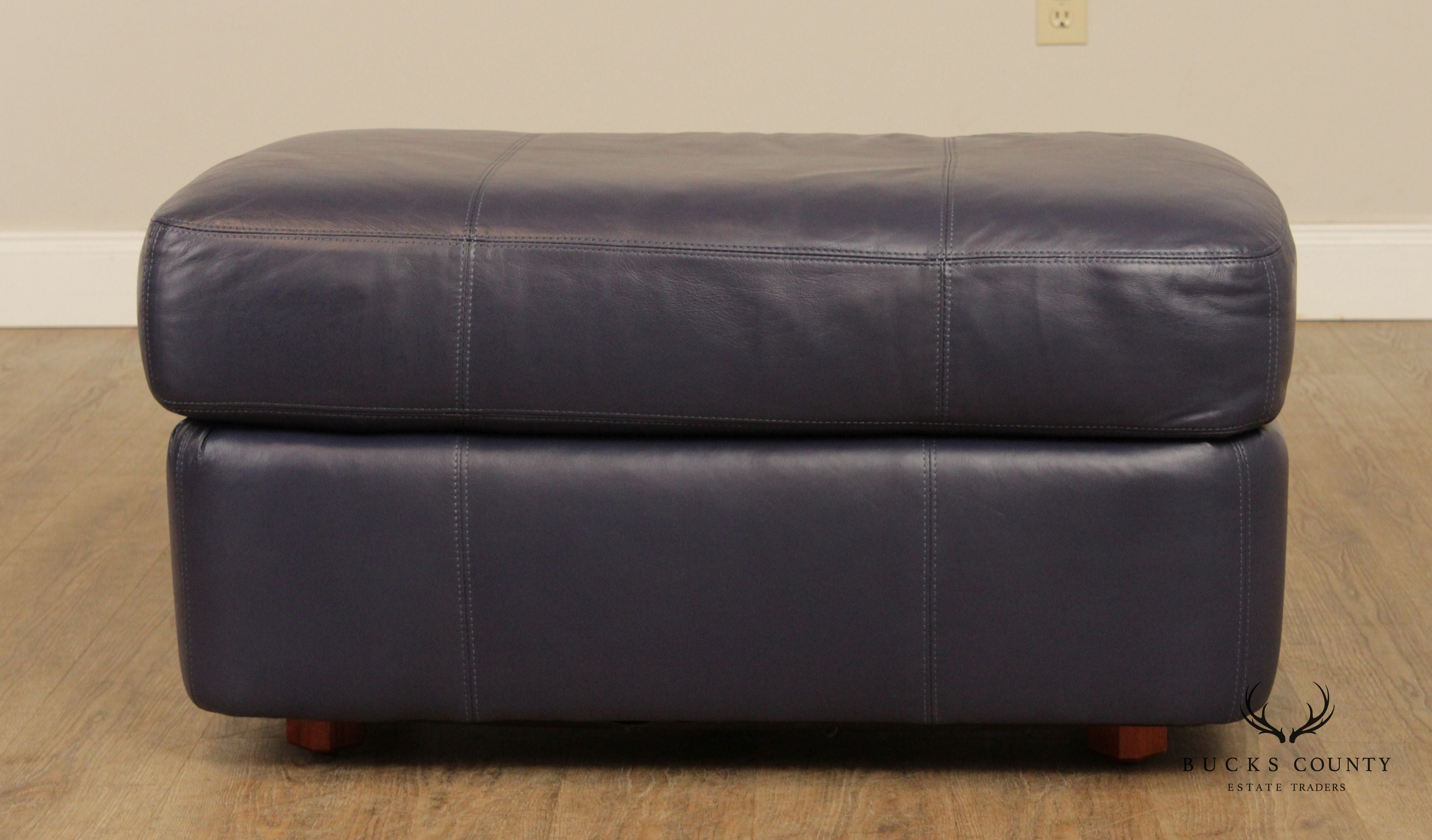 Henredon Vintage Pair of Blue Leather Ottomans