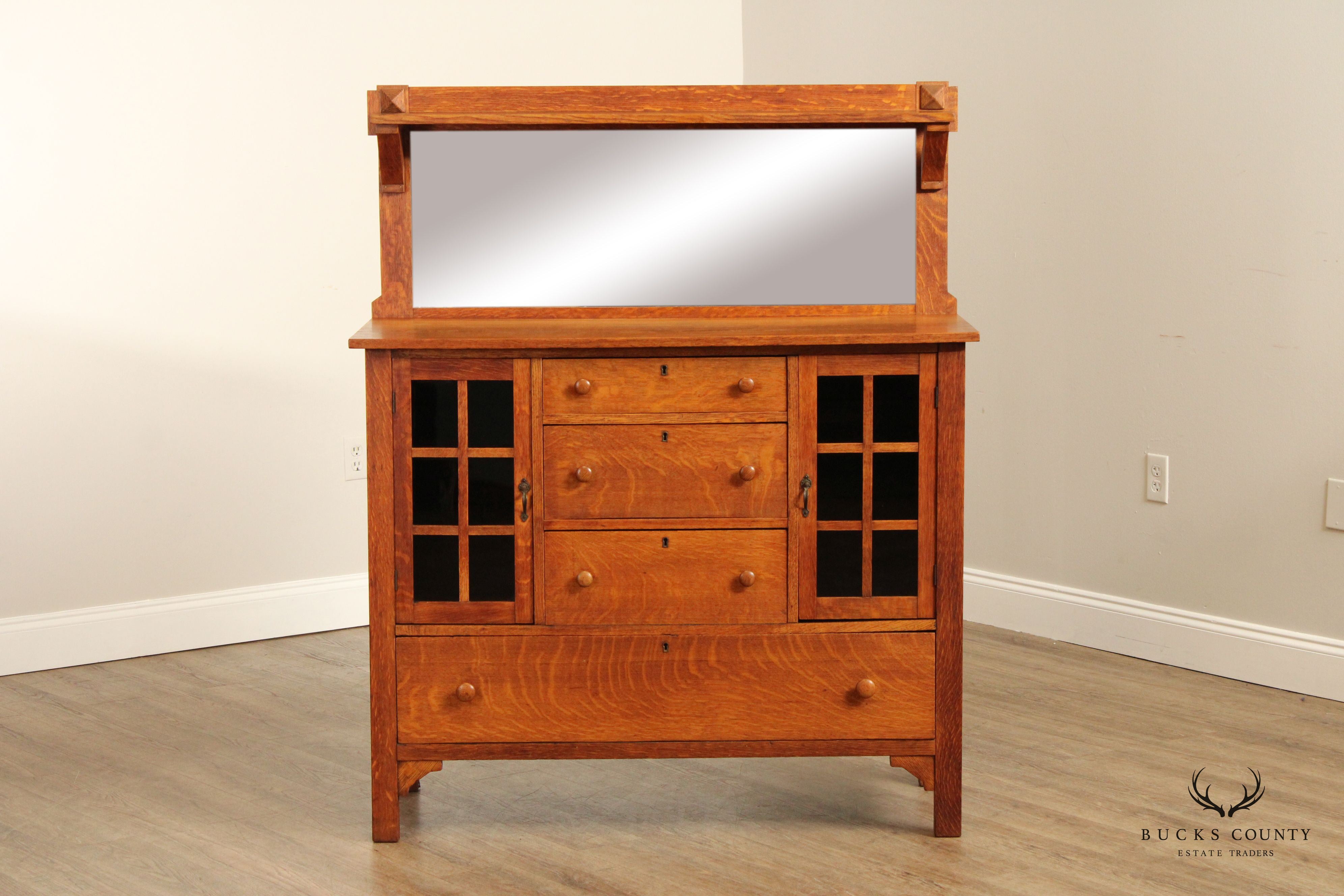 Larkin Co. Antique Mission Oak and Glass Sideboard Buffet