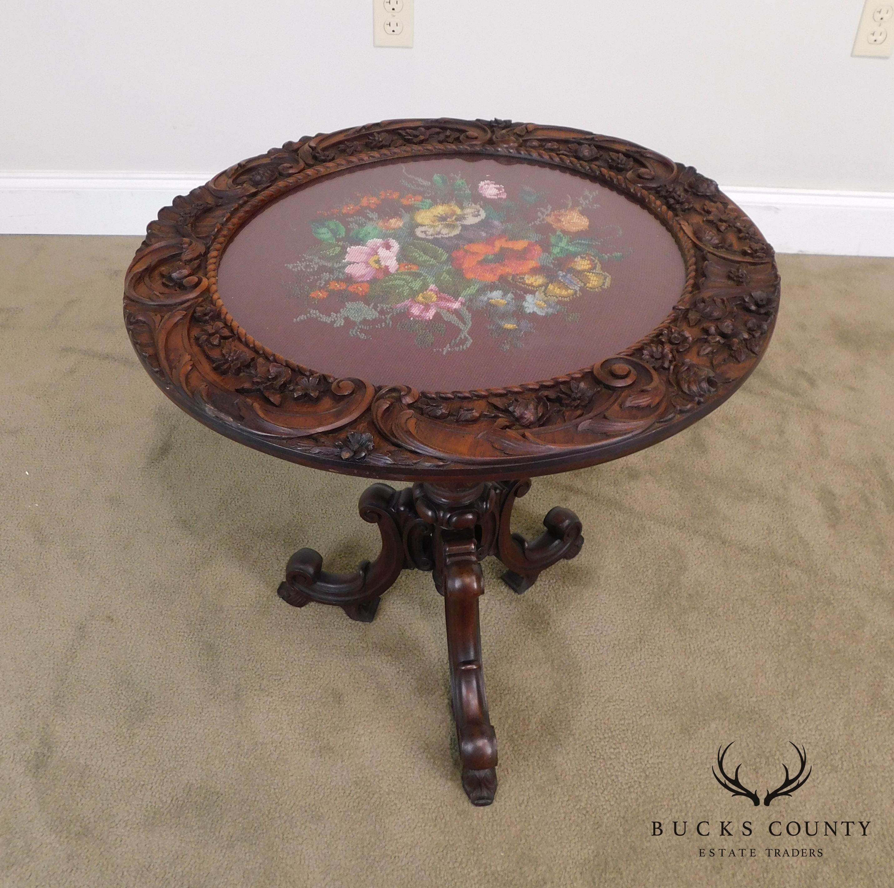 Renaissance Revival Antique Hand Carved Solid Walnut Round Table with Beeded Needlework